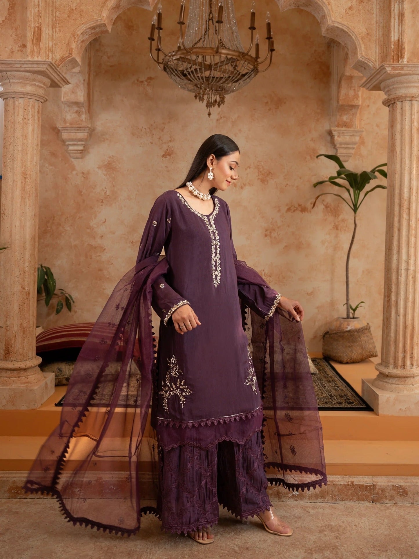 Purple Manahil Arts Raw Silk Embellished Stitched 3-Piece Suit-Style code :186-Purple