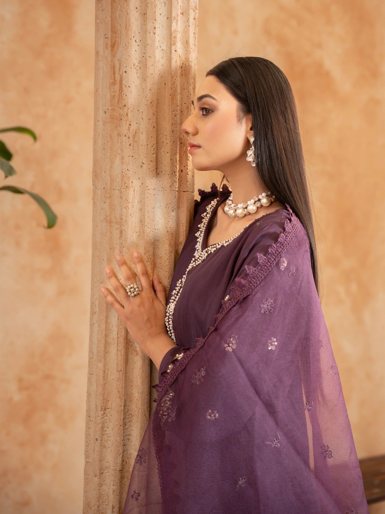 Purple Manahil Arts Raw Silk Embellished Stitched 3-Piece Suit-Style code :186-Purple