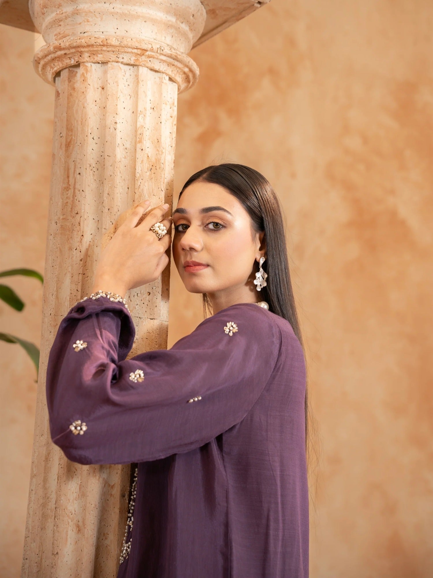 Purple Manahil Arts Raw Silk Embellished Stitched 3-Piece Suit-Style code :186-Purple