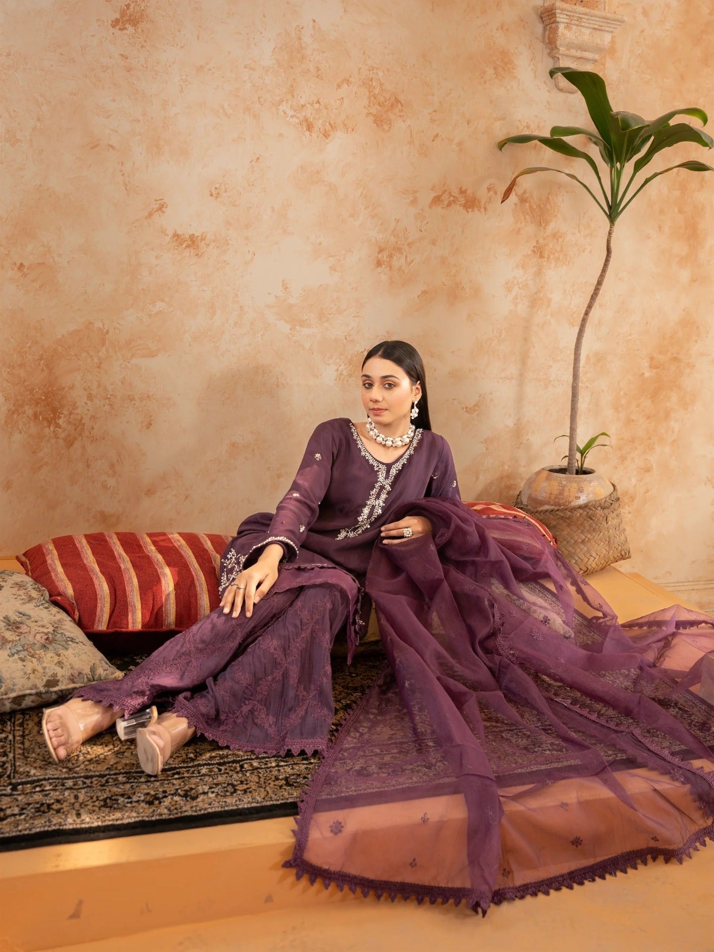 Purple Manahil Arts Raw Silk Embellished Stitched 3-Piece Suit-Style code :186-Purple