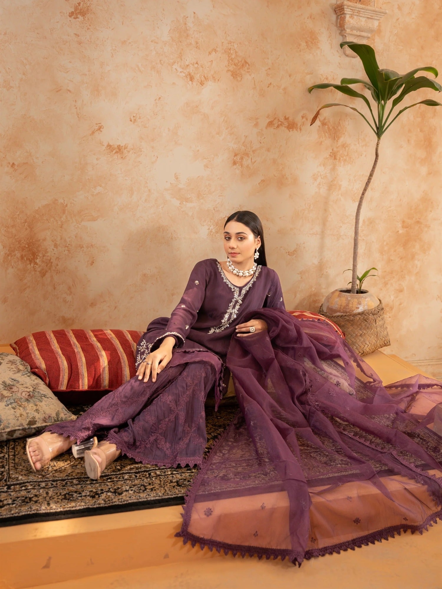 Purple Manahil Arts Raw Silk Embellished Stitched 3-Piece Suit-Style code :186-Purple