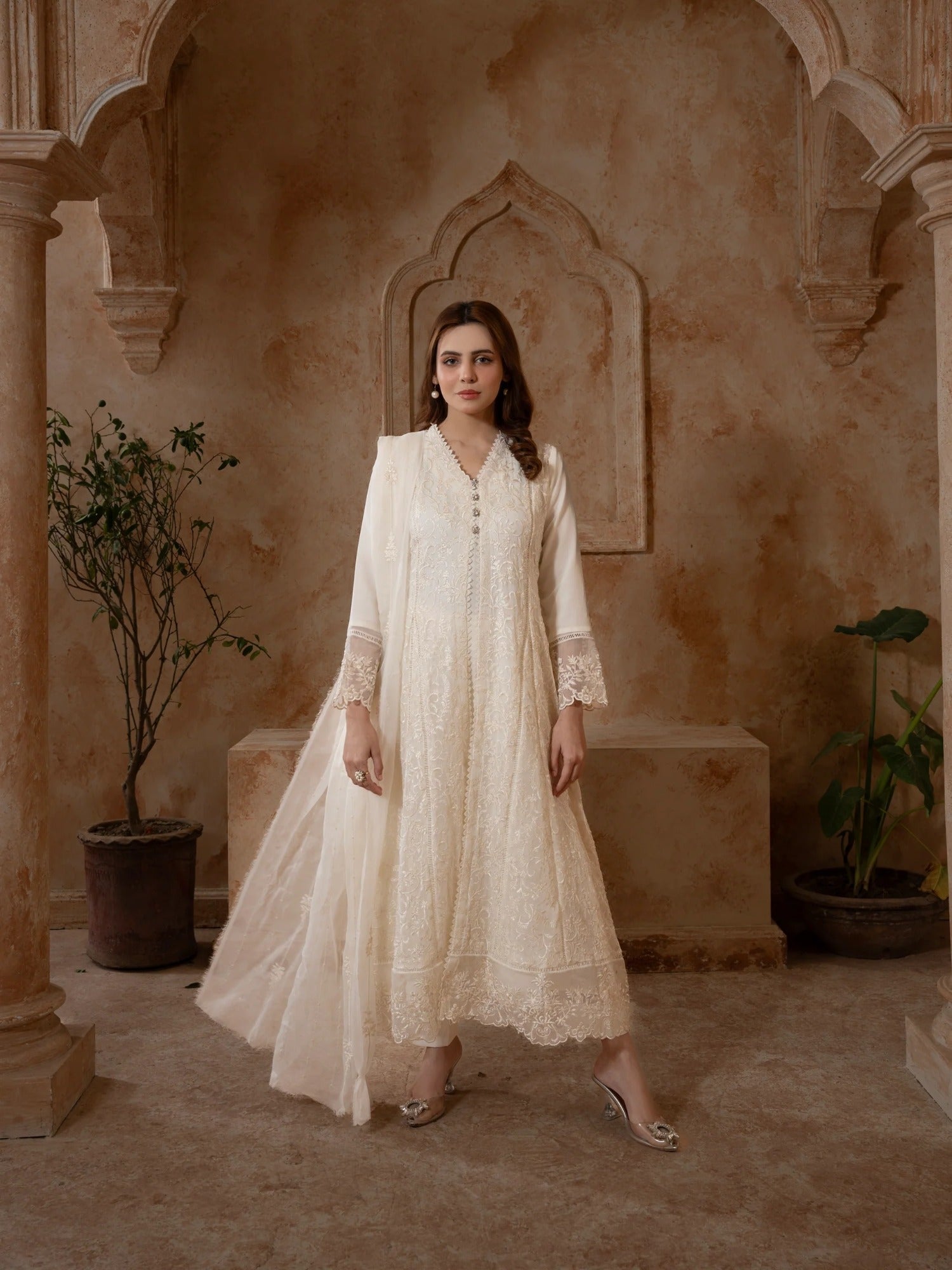 Manahil Arts Chiffon Embroidered Stitched 3-Piece Suit-K-113-Off White