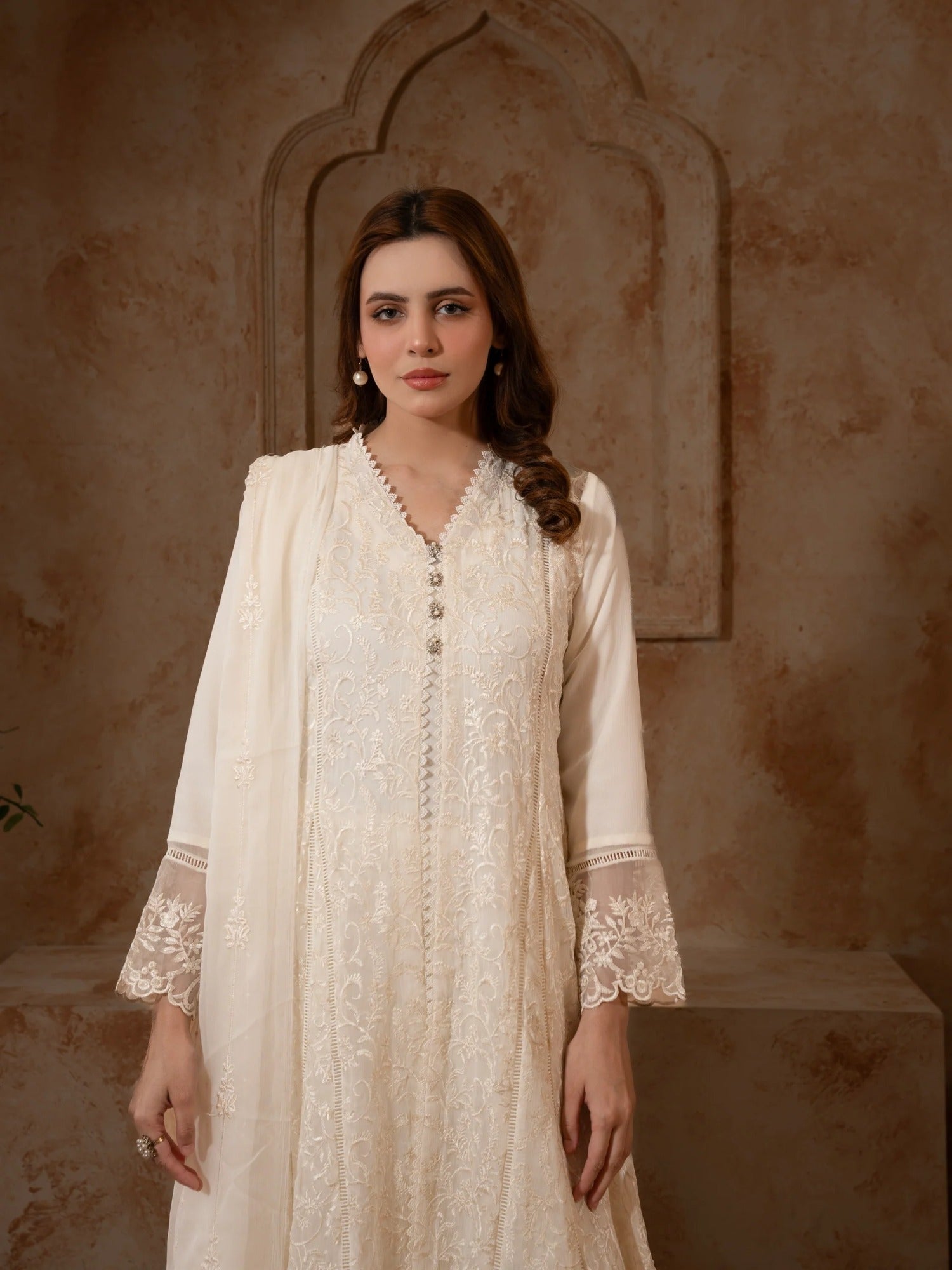 Manahil Arts Chiffon Embroidered Stitched 3-Piece Suit-K-113-Off White