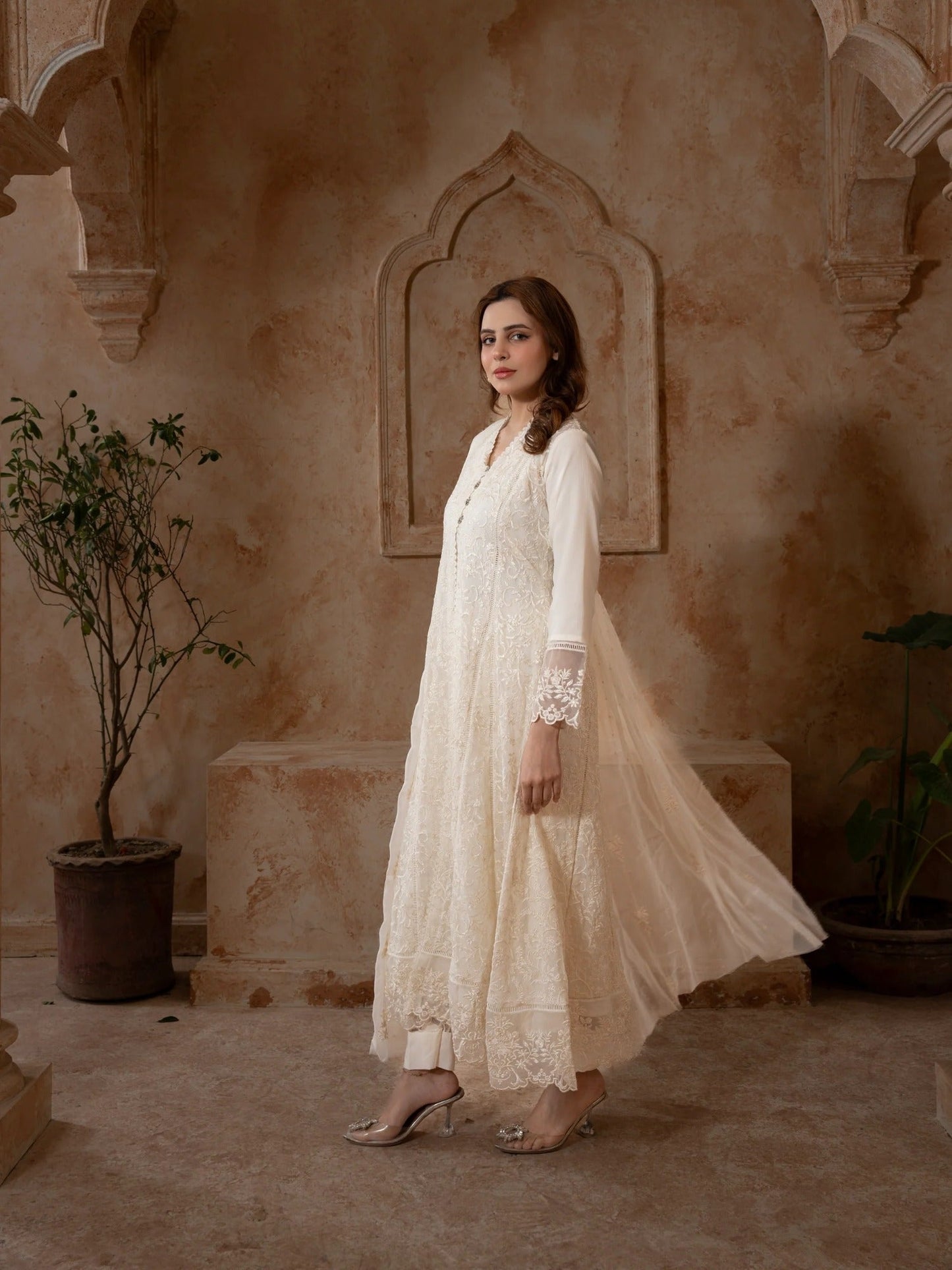 Manahil Arts Chiffon Embroidered Stitched 3-Piece Suit-K-113-Off White