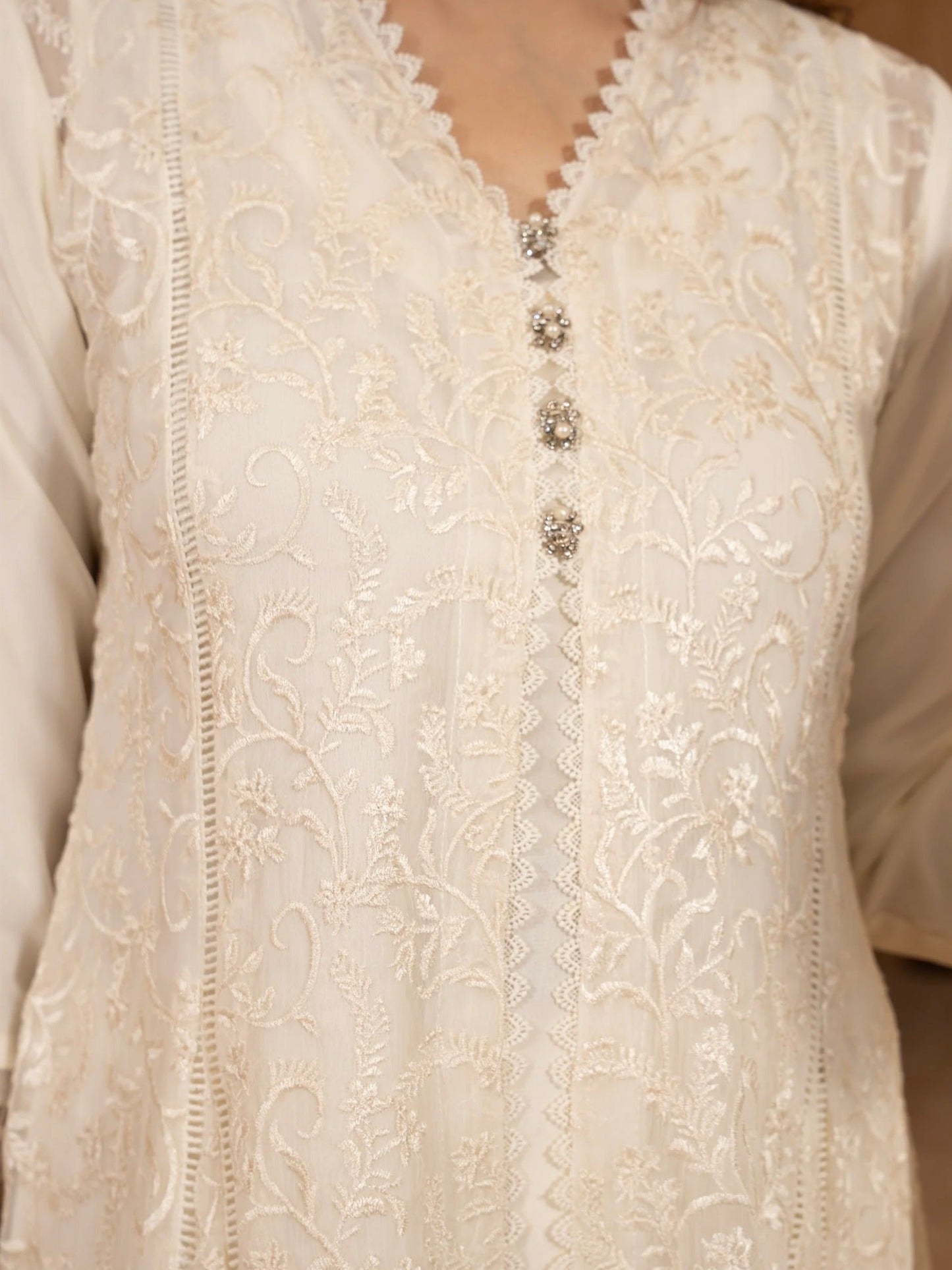 Manahil Arts Chiffon Embroidered Stitched 3-Piece Suit-K-113-Off White