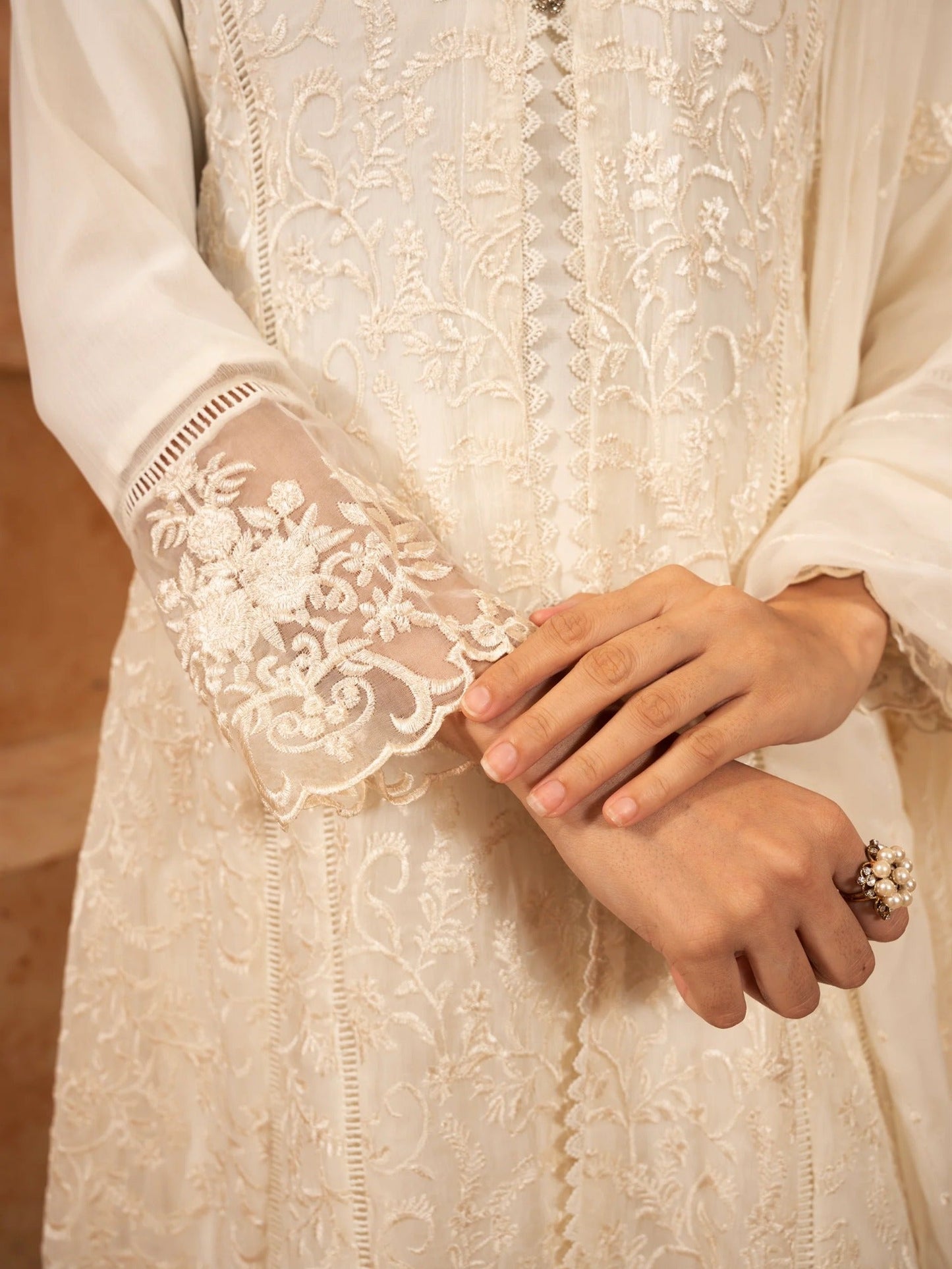 Manahil Arts Chiffon Embroidered Stitched 3-Piece Suit-K-113-Off White