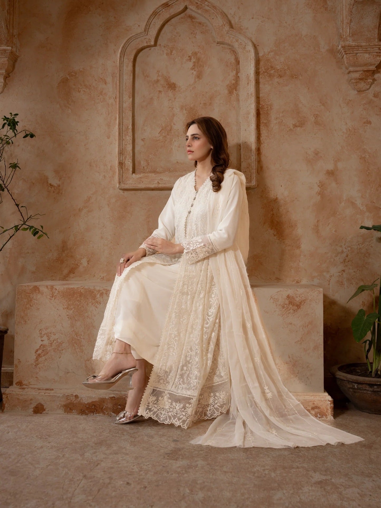 Manahil Arts Chiffon Embroidered Stitched 3-Piece Suit-K-113-Off White