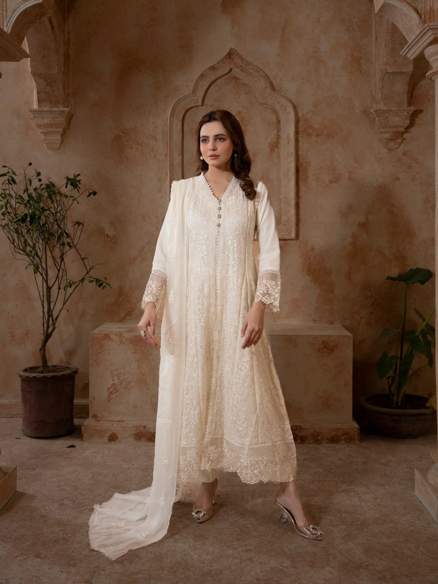 Manahil Arts Chiffon Embroidered Stitched 3-Piece Suit-K-113-Off White