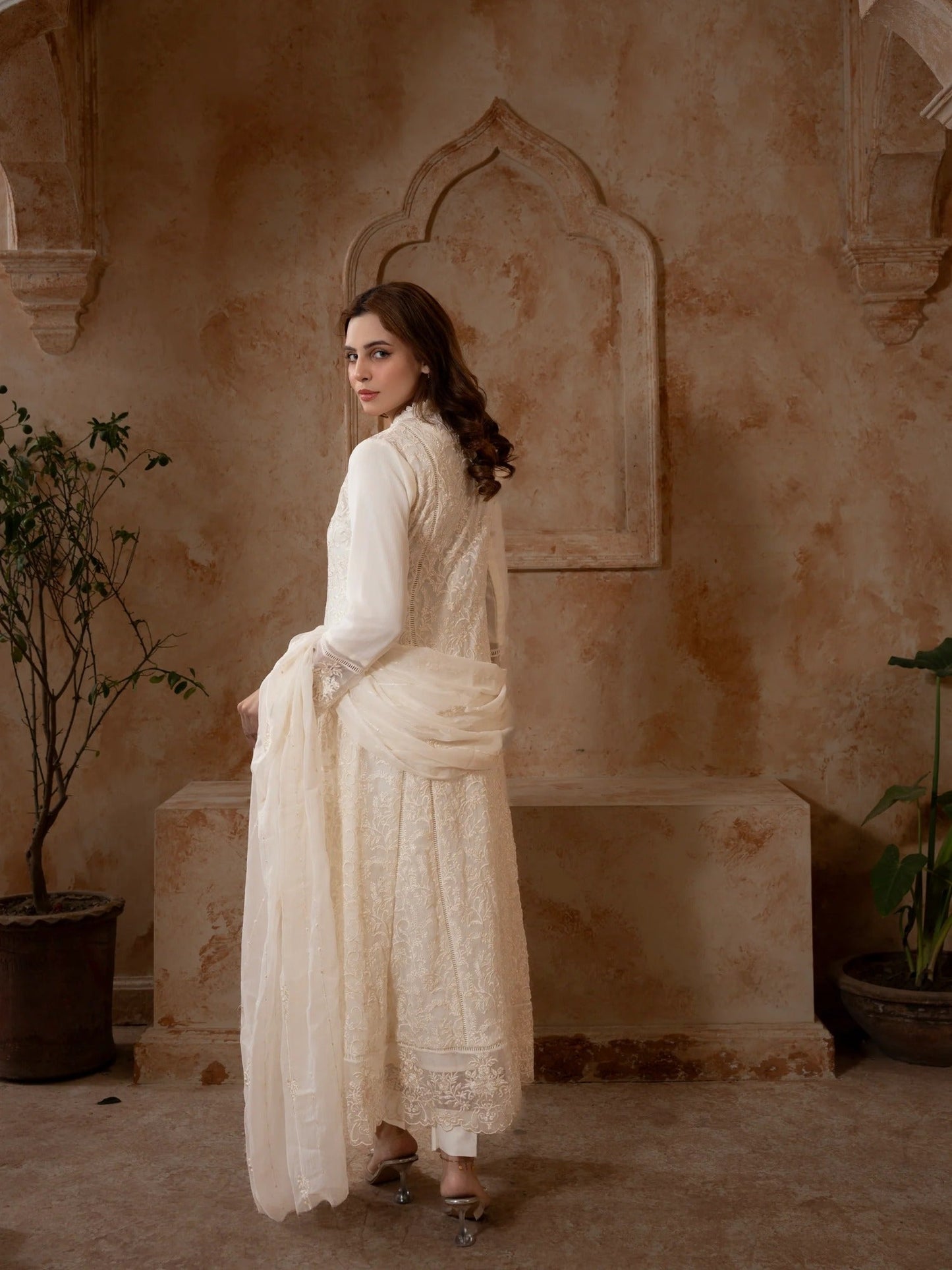 Manahil Arts Chiffon Embroidered Stitched 3-Piece Suit-K-113-Off White