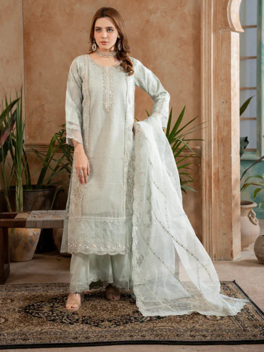 Green Manahil Arts Organza Embellished Stitched 3-Piece Suit-182-Pastel Green