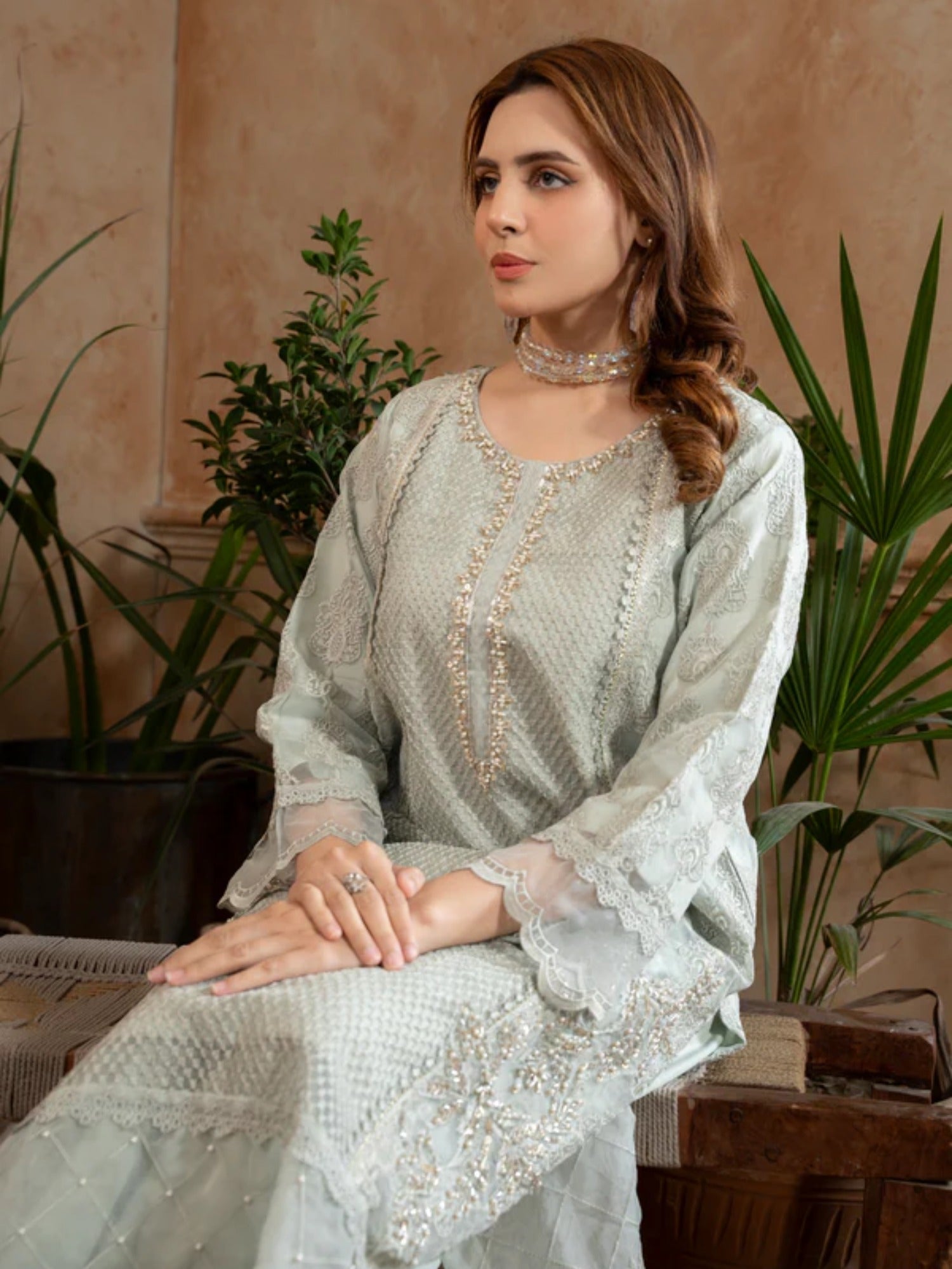 Green Manahil Arts Organza Embellished Stitched 3-Piece Suit-182-Pastel Green