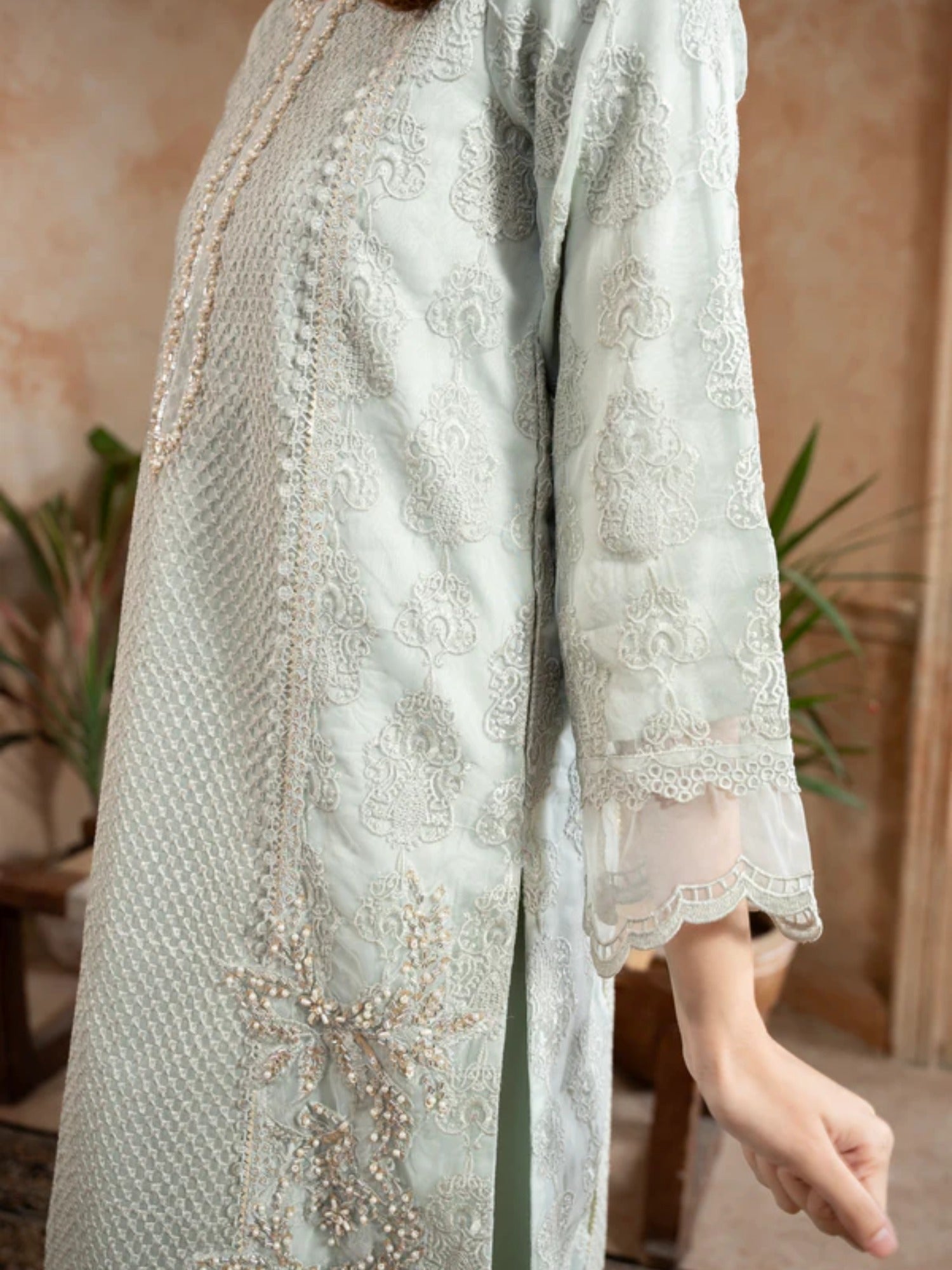 Green Manahil Arts Organza Embellished Stitched 3-Piece Suit-182-Pastel Green