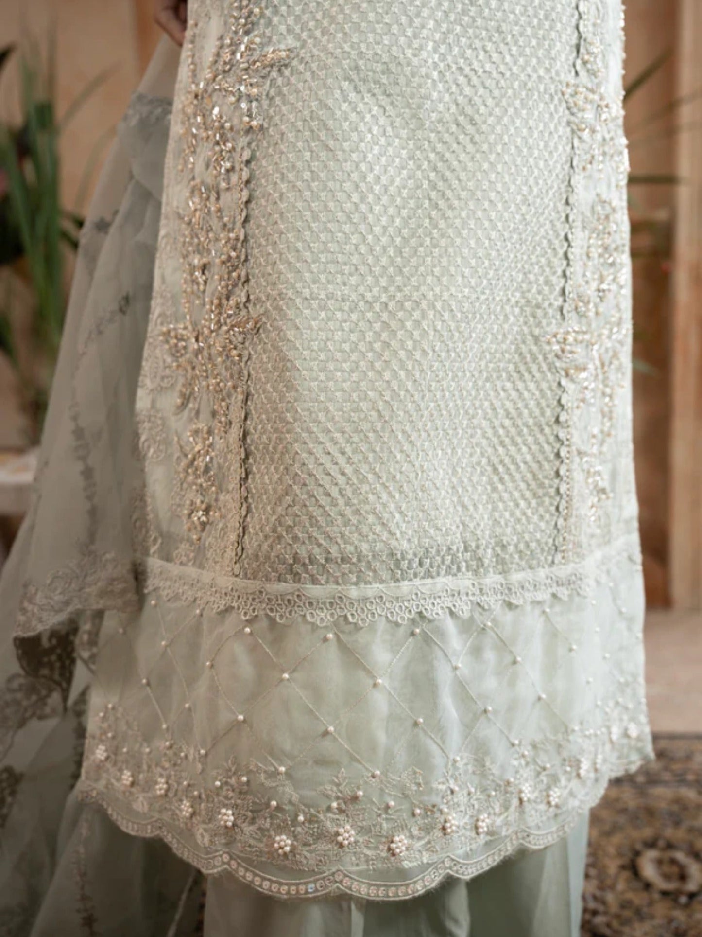 Green Manahil Arts Organza Embellished Stitched 3-Piece Suit-182-Pastel Green