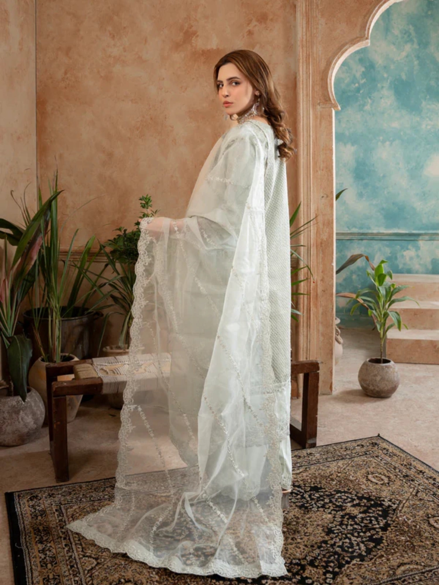 Green Manahil Arts Organza Embellished Stitched 3-Piece Suit-182-Pastel Green