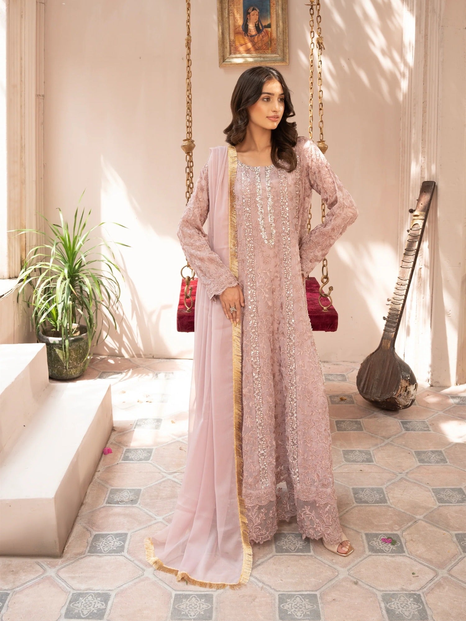 Pink Manahil Arts Chiffon Embellished Stitched 3-Piece Suit-K-169-Tea Rose Pink