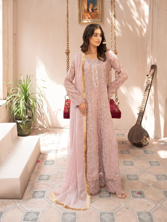 Pink Manahil Arts Chiffon Embellished Stitched 3-Piece Suit-K-169-Tea Rose Pink