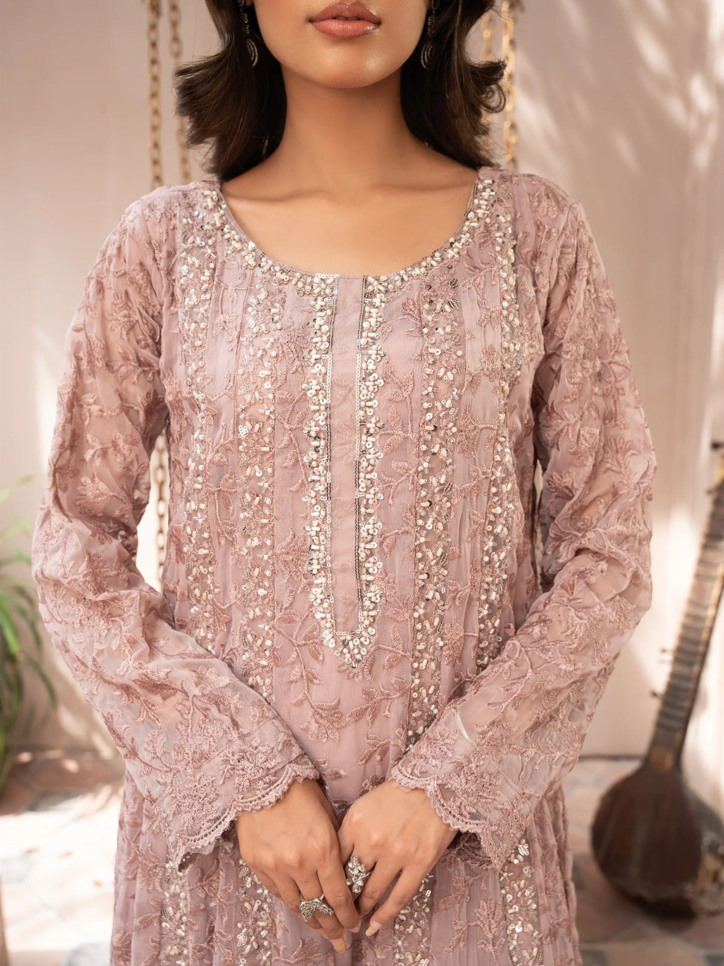 Pink Manahil Arts Chiffon Embellished Stitched 3-Piece Suit-K-169-Tea Rose Pink