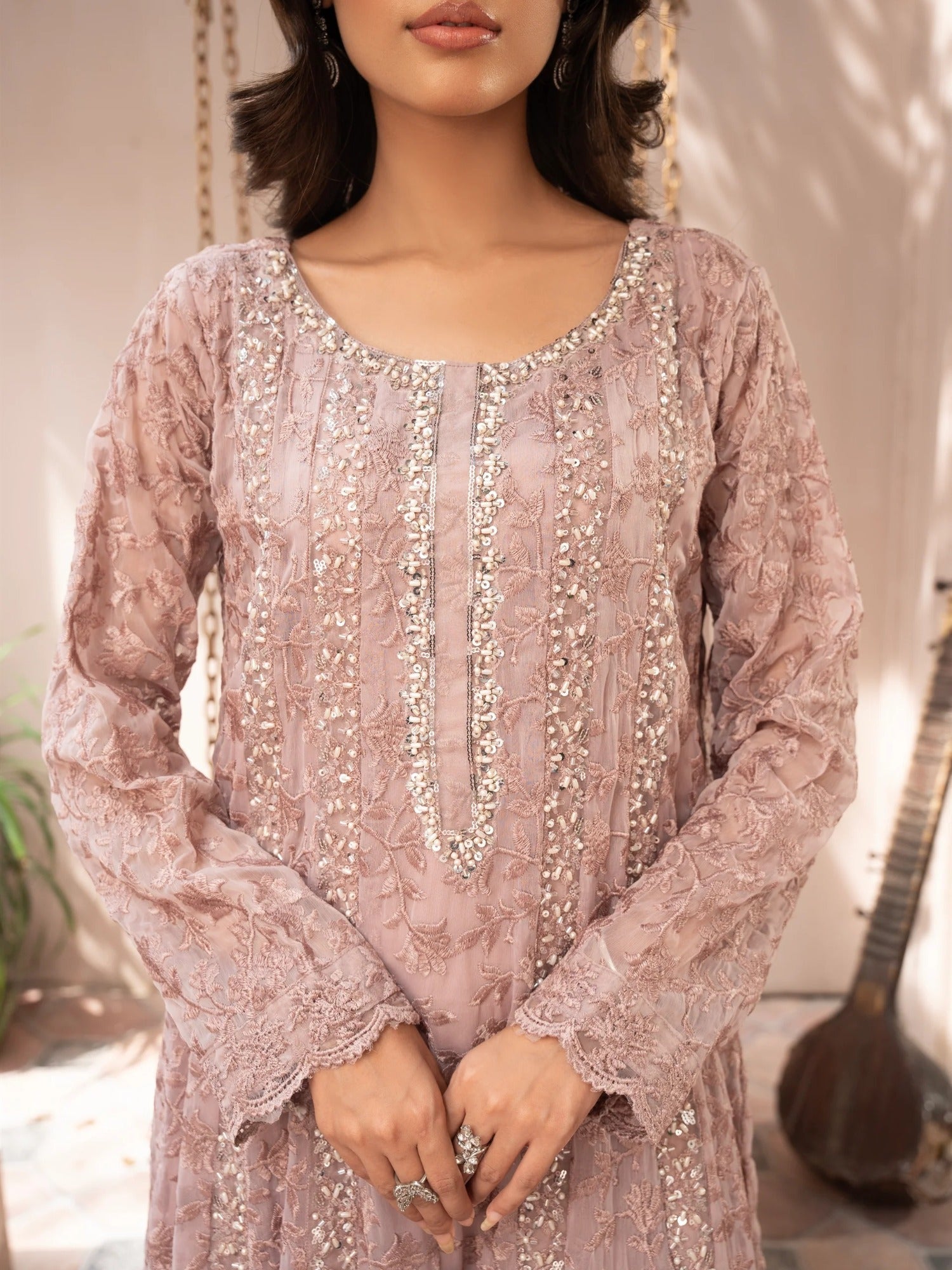 Pink Manahil Arts Chiffon Embellished Stitched 3-Piece Suit-K-169-Tea Rose Pink
