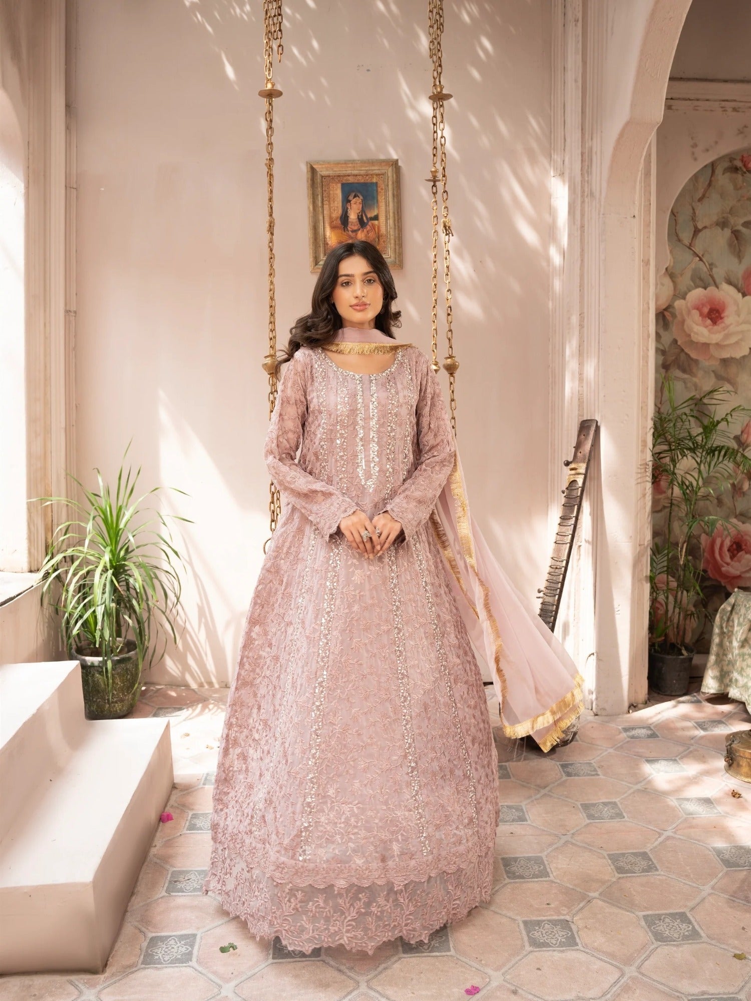Pink Manahil Arts Chiffon Embellished Stitched 3-Piece Suit-K-169-Tea Rose Pink