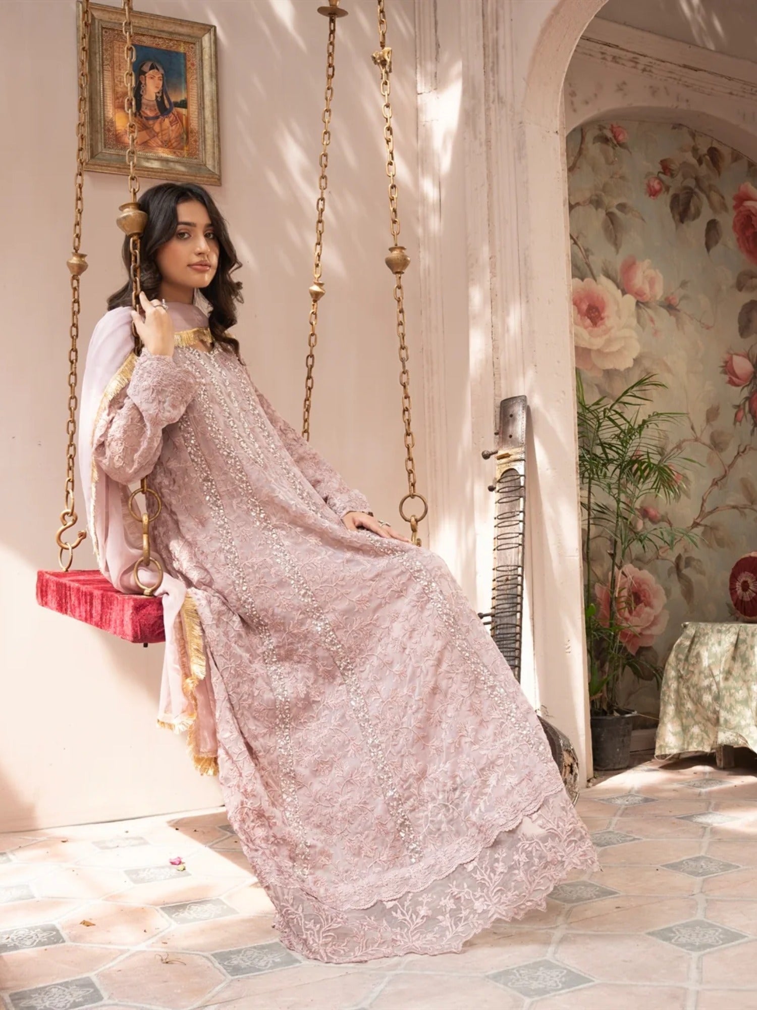 Pink Manahil Arts Chiffon Embellished Stitched 3-Piece Suit-K-169-Tea Rose Pink