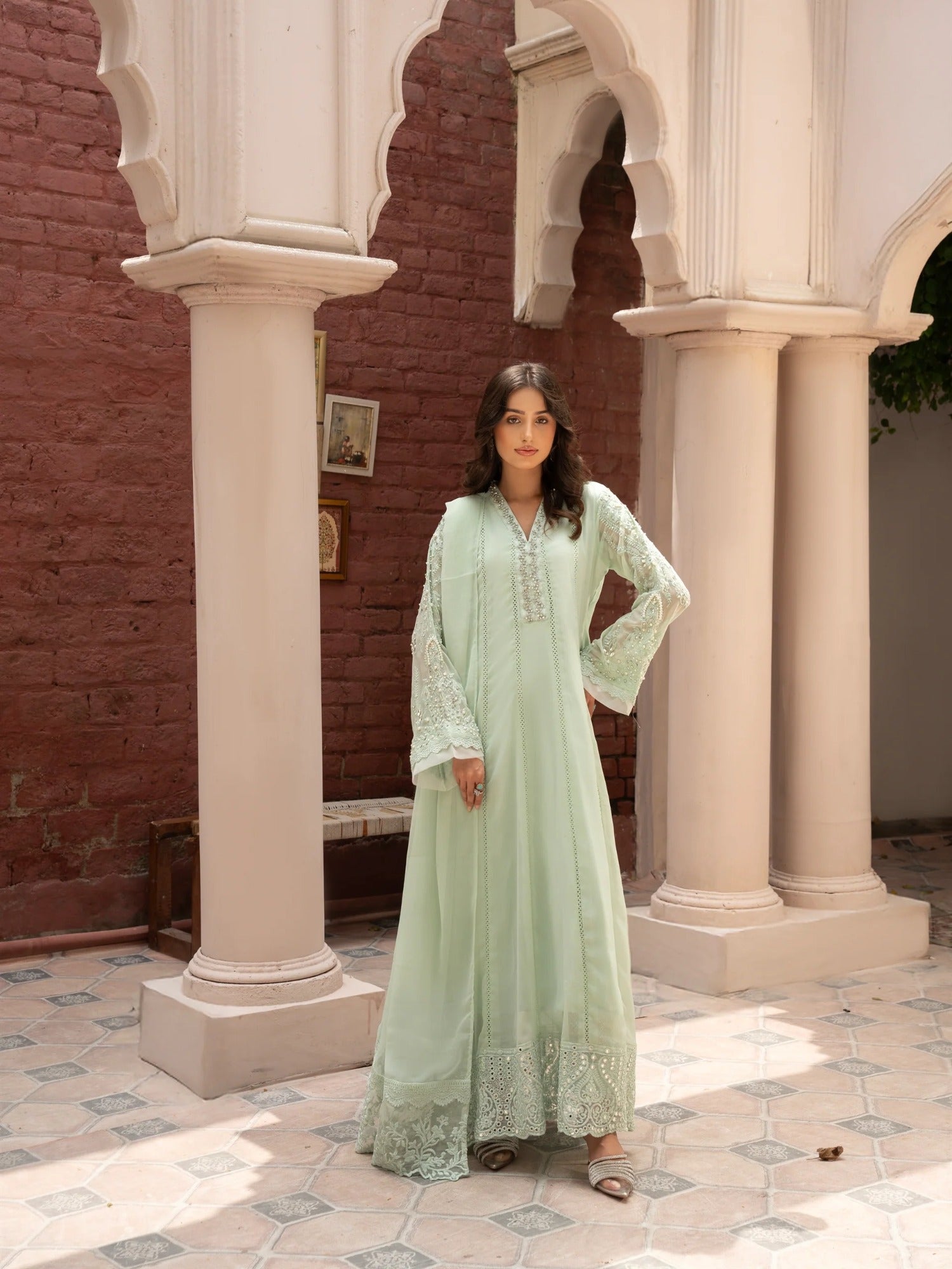 Green Manahil Arts Chiffon Embellished Stitched 3-Piece Suit-K-165-Pastel Green