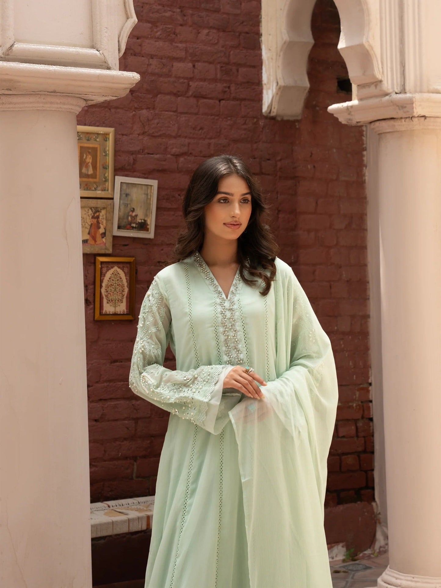 Green Manahil Arts Chiffon Embellished Stitched 3-Piece Suit-K-165-Pastel Green