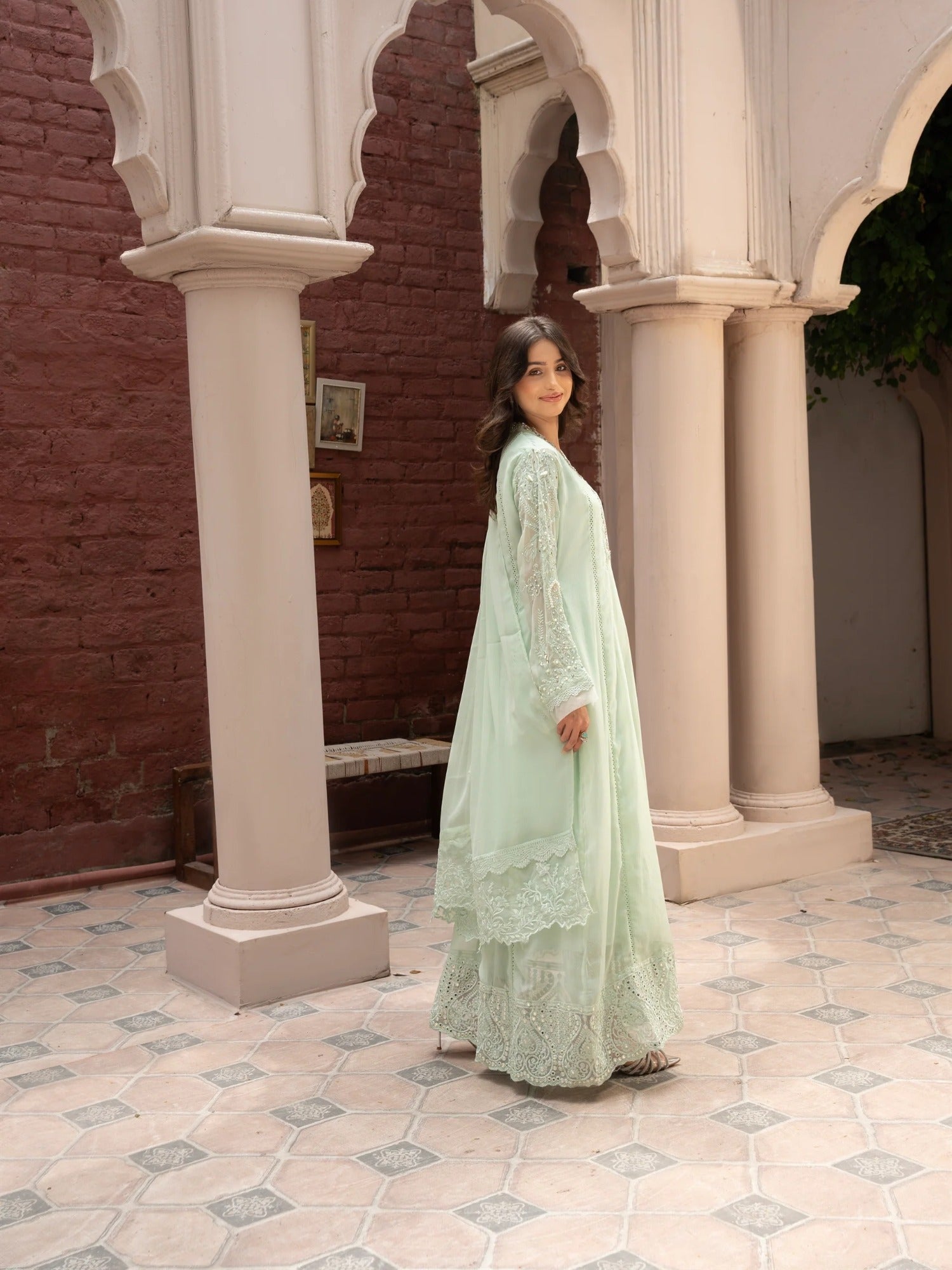 Green Manahil Arts Chiffon Embellished Stitched 3-Piece Suit-K-165-Pastel Green