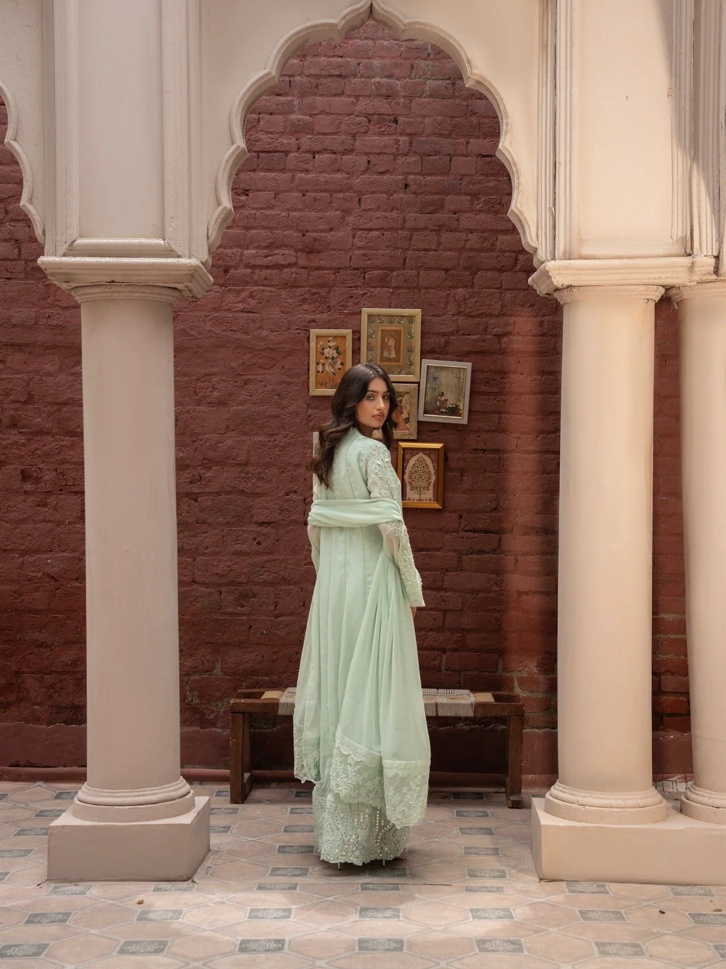 Green Manahil Arts Chiffon Embellished Stitched 3-Piece Suit-K-165-Pastel Green