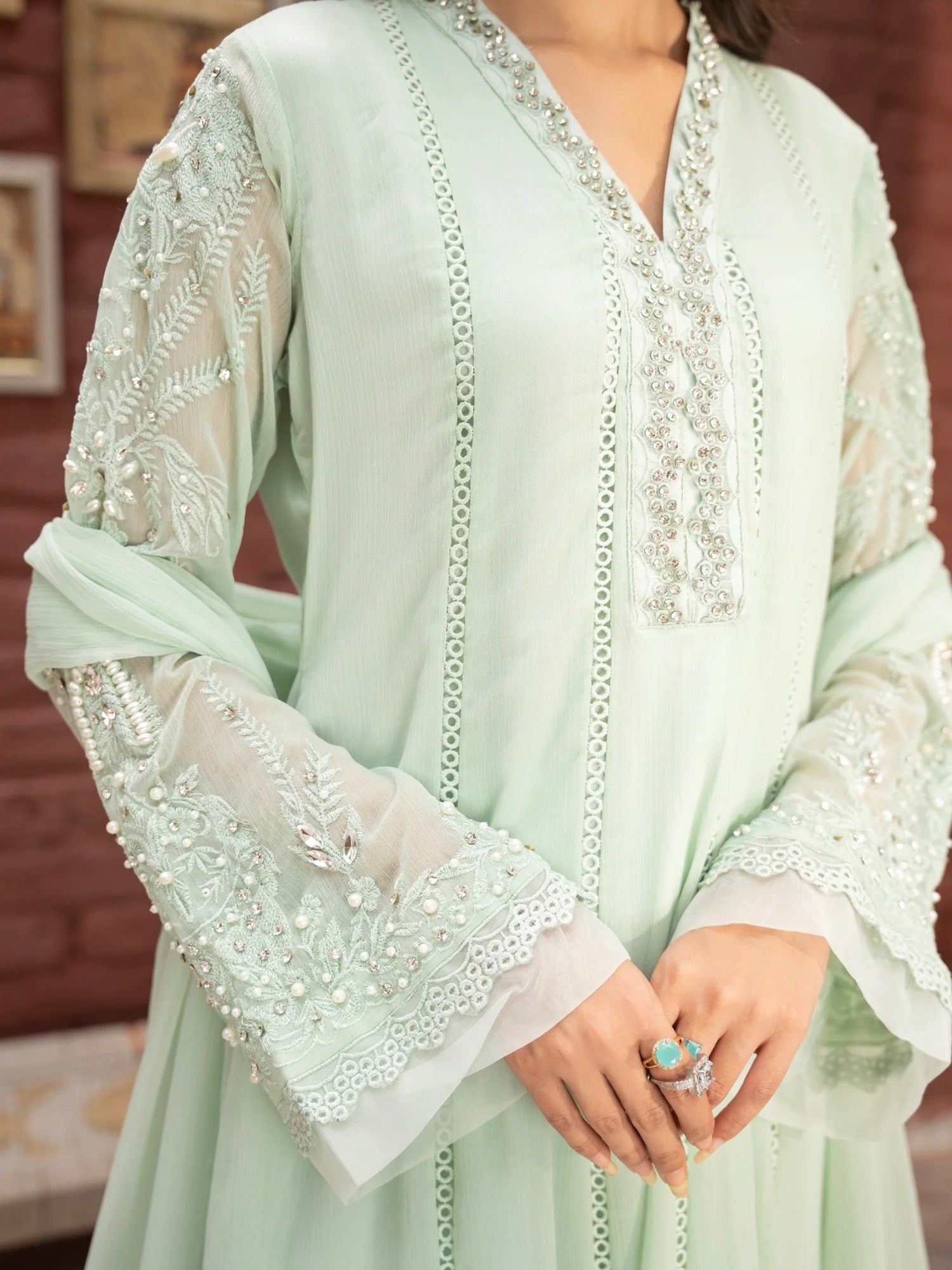 Green Manahil Arts Chiffon Embellished Stitched 3-Piece Suit-K-165-Pastel Green