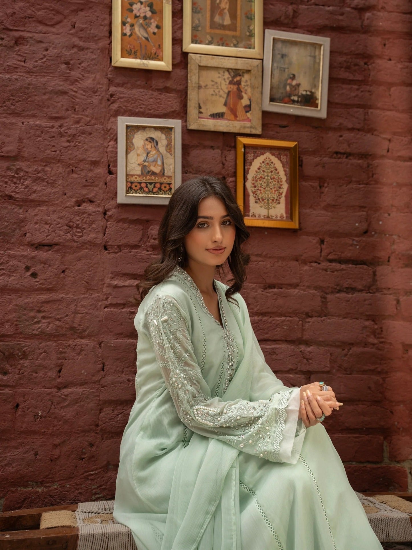 Green Manahil Arts Chiffon Embellished Stitched 3-Piece Suit-K-165-Pastel Green
