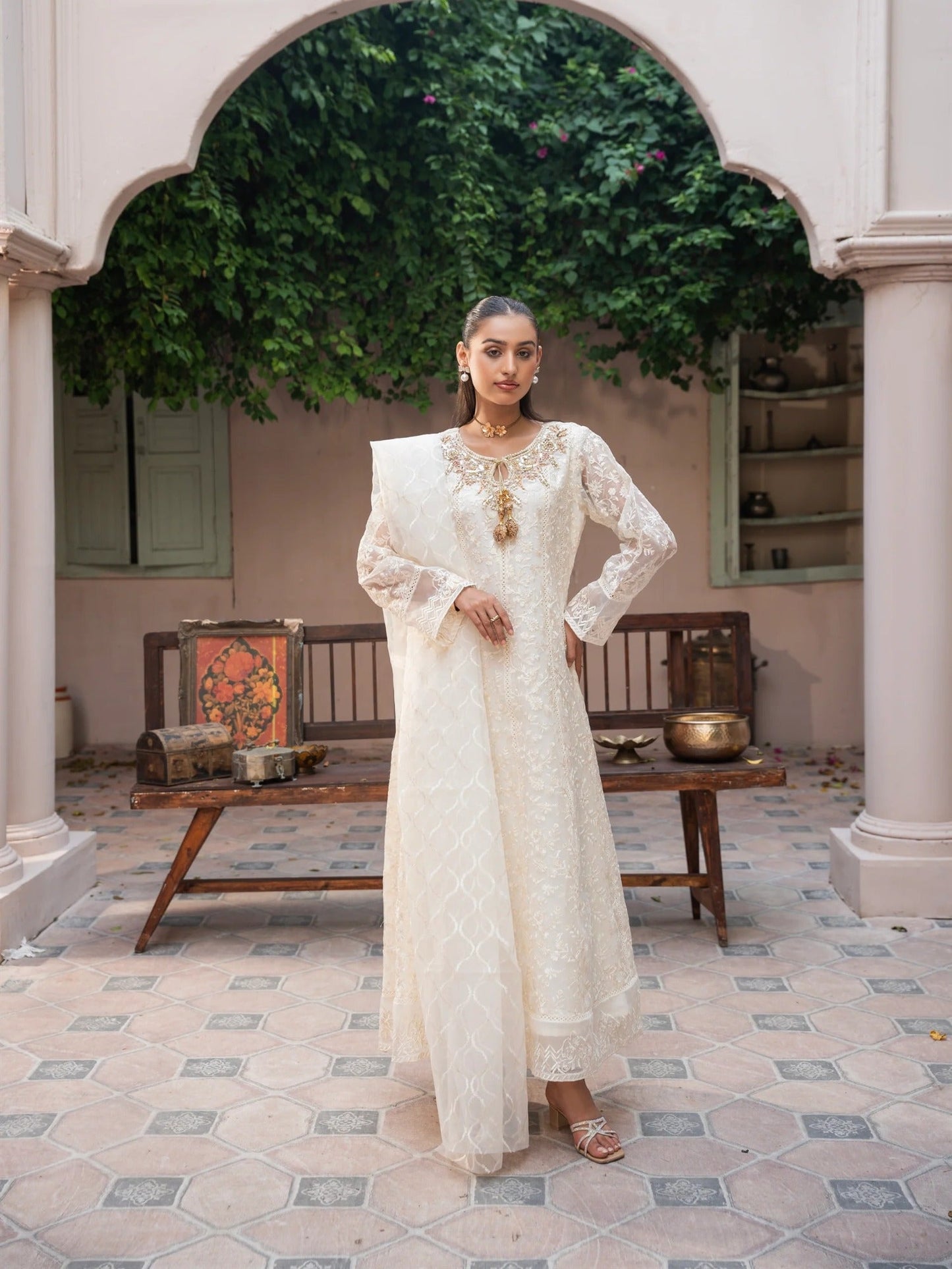 Manahil Arts Organza Embellished Stitched 3-Piece Suit-K-171-Off White