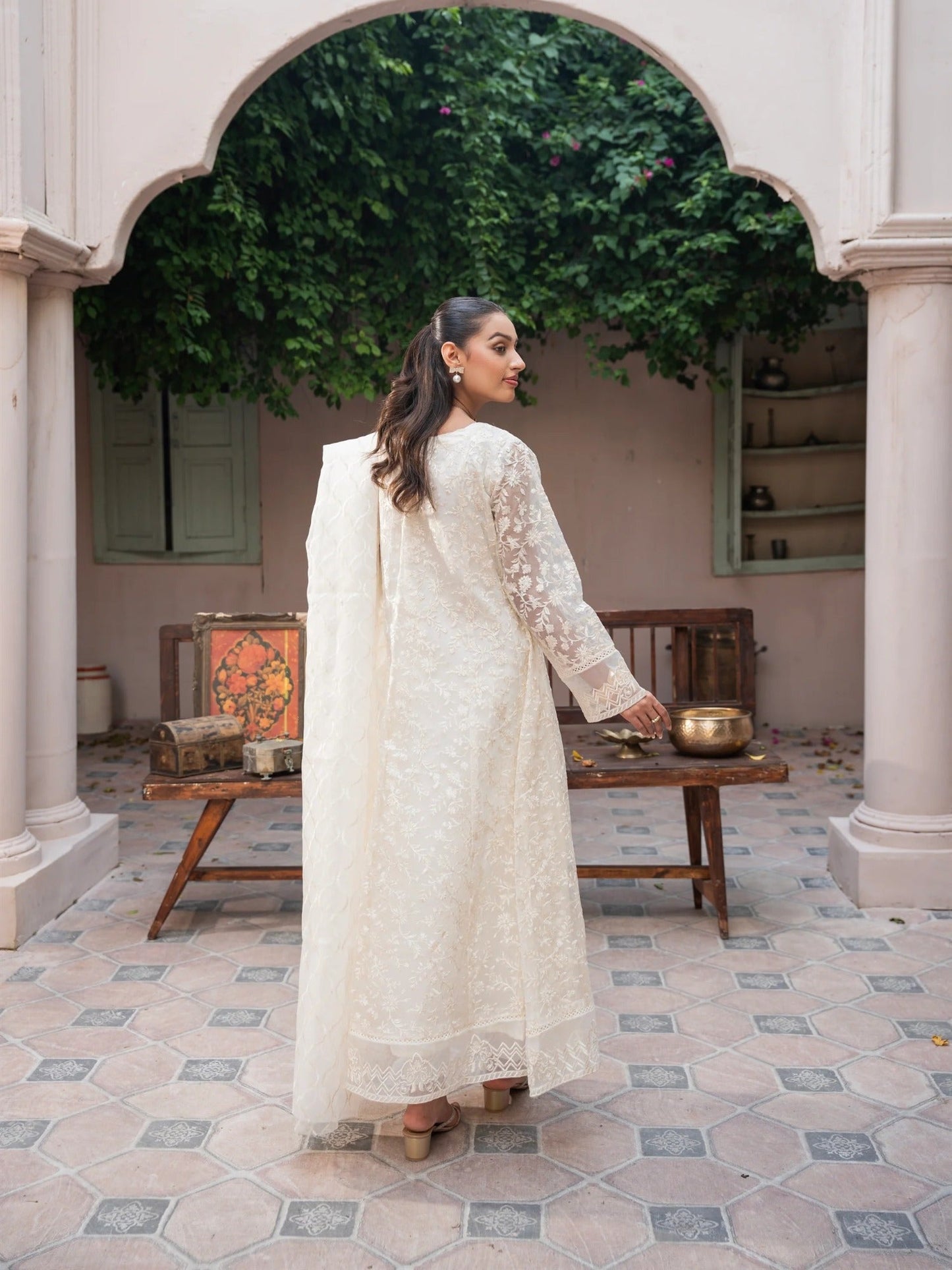 Manahil Arts Organza Embellished Stitched 3-Piece Suit-K-171-Off White