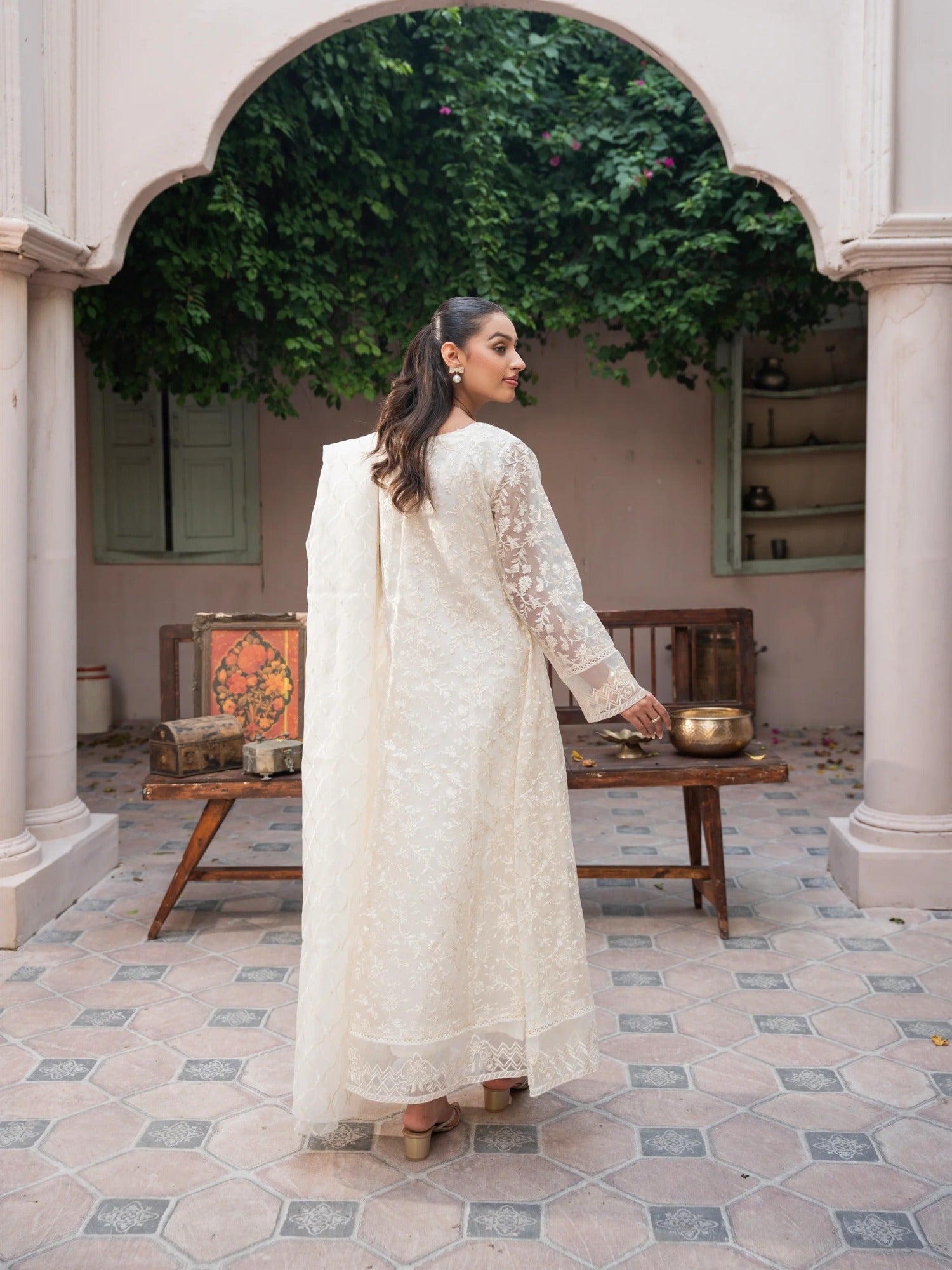 Manahil Arts Organza Embellished Stitched 3-Piece Suit-K-171-Off White