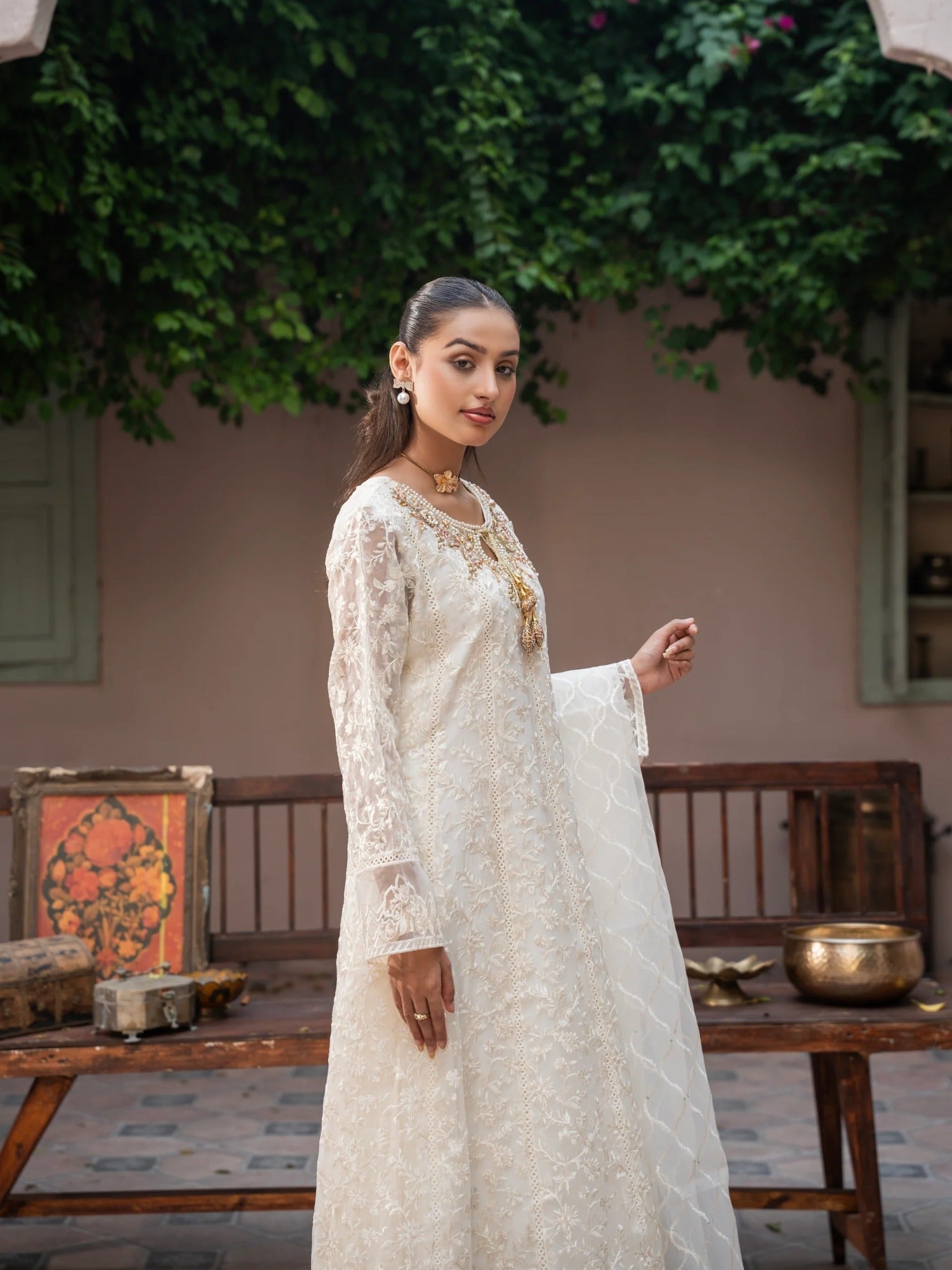 Manahil Arts Organza Embellished Stitched 3-Piece Suit-K-171-Off White