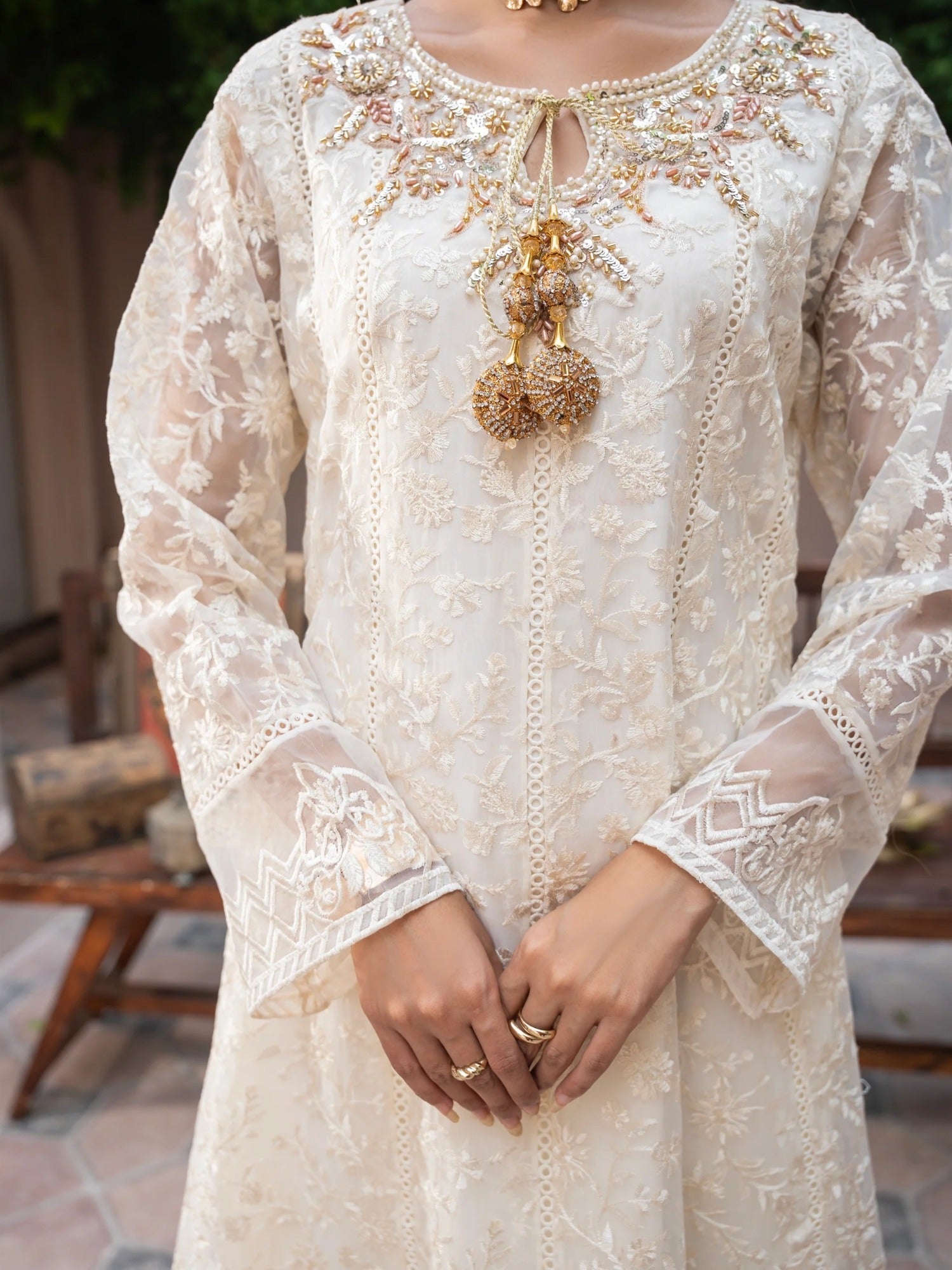 Manahil Arts Organza Embellished Stitched 3-Piece Suit-K-171-Off White