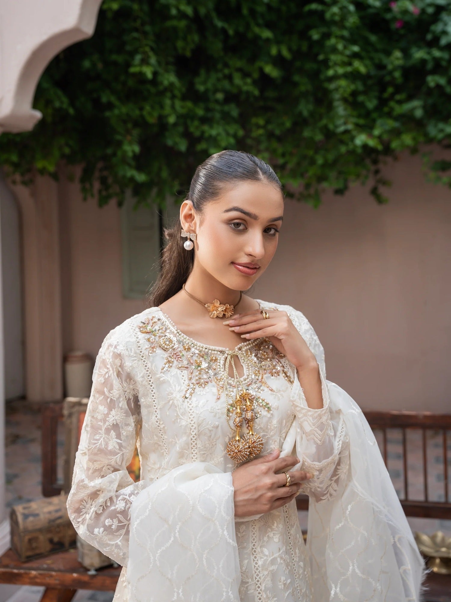 Manahil Arts Organza Embellished Stitched 3-Piece Suit-K-171-Off White