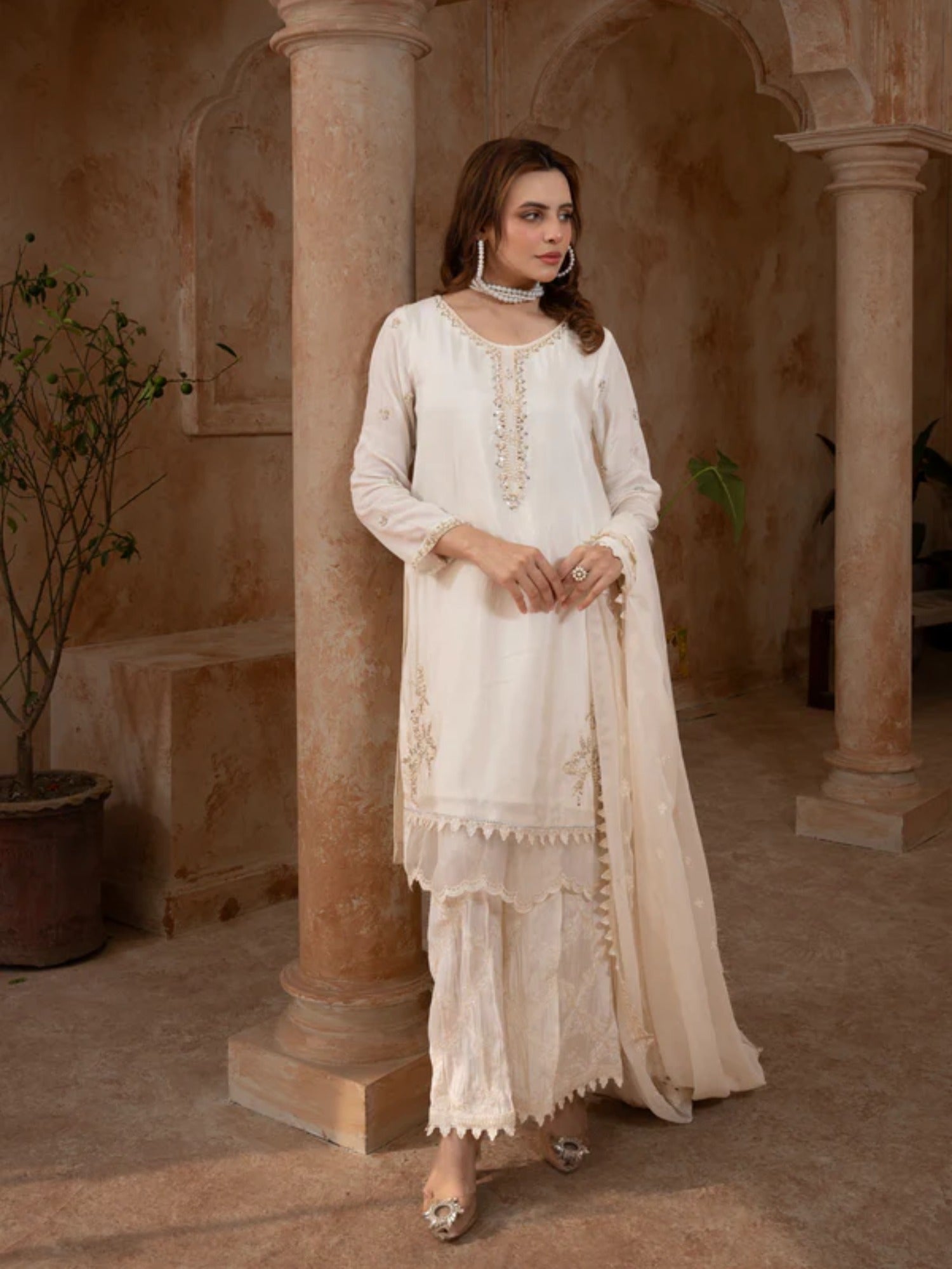 Cream Manahil Arts Raw Silk Embellished Stitched 3-Piece Suit-186-Off White
