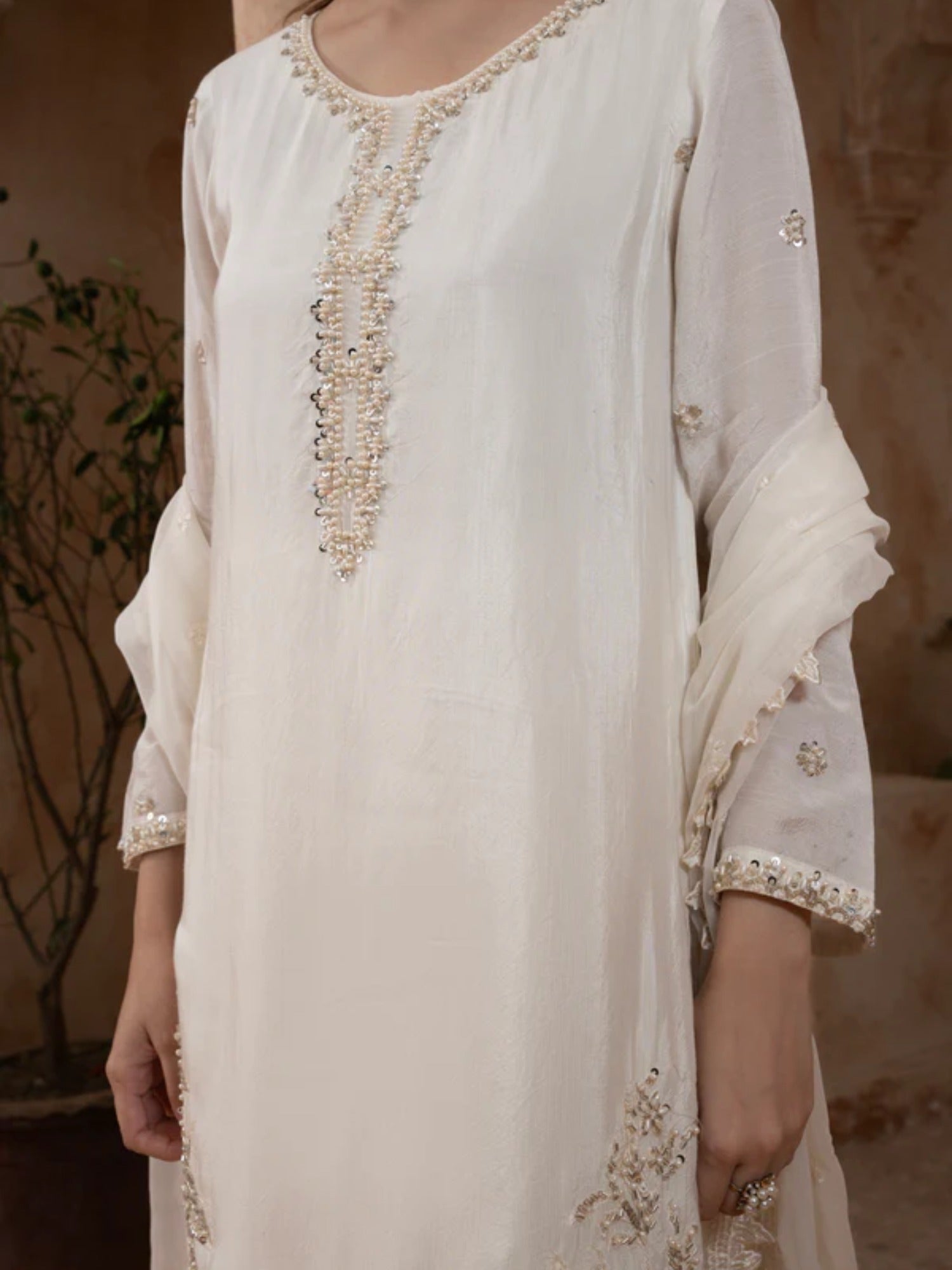 Cream Manahil Arts Raw Silk Embellished Stitched 3-Piece Suit-186-Off White