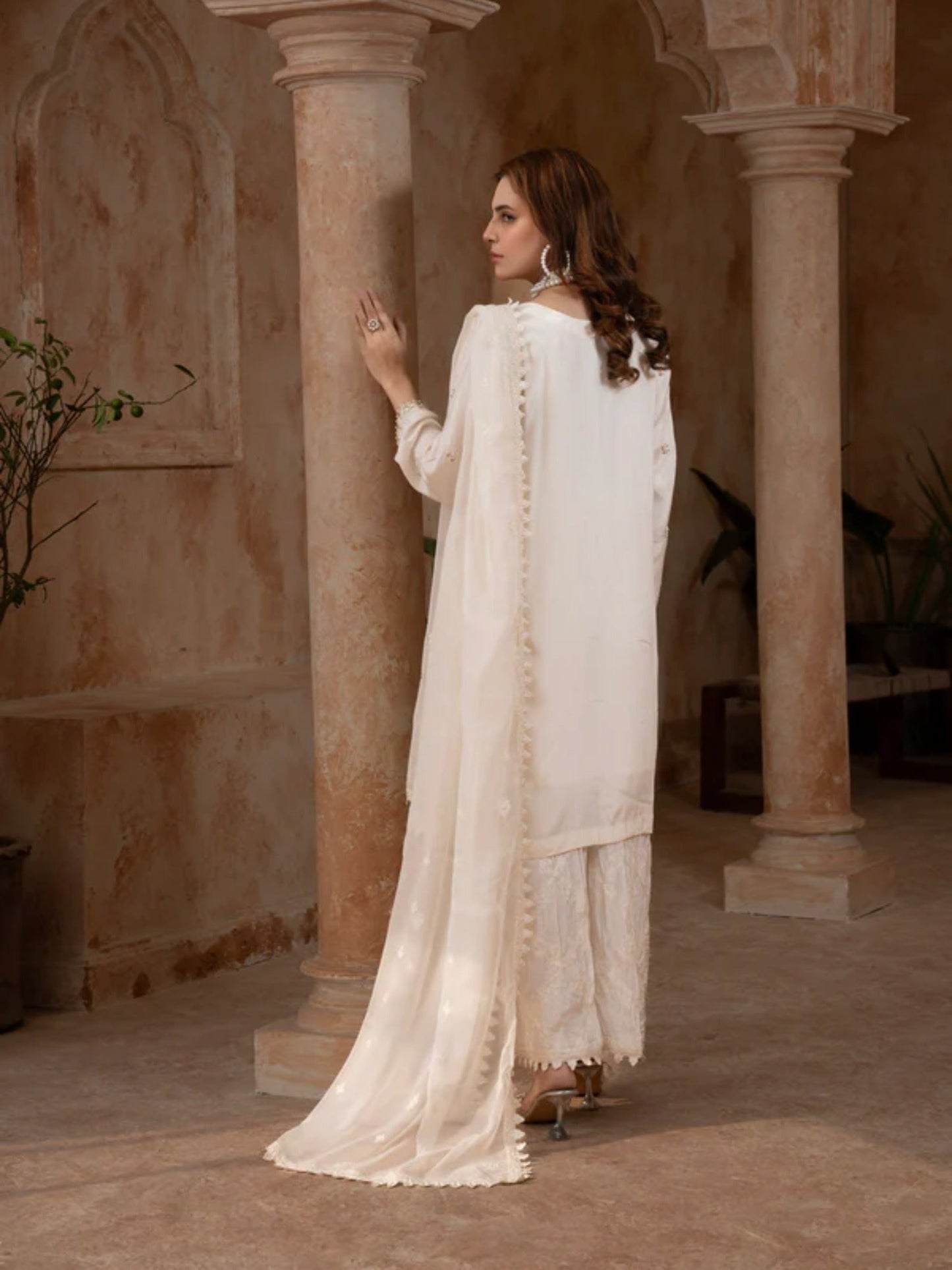 Cream Manahil Arts Raw Silk Embellished Stitched 3-Piece Suit-186-Off White