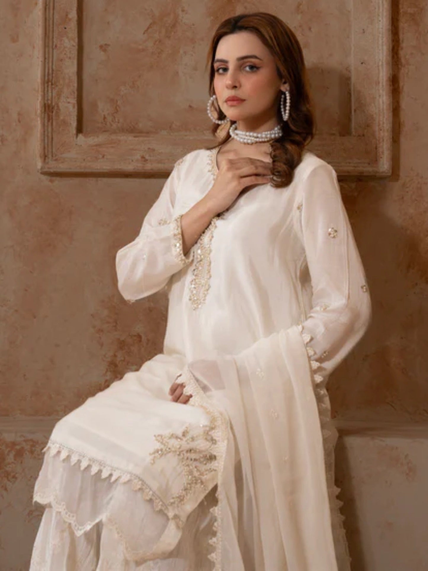 Cream Manahil Arts Raw Silk Embellished Stitched 3-Piece Suit-186-Off White