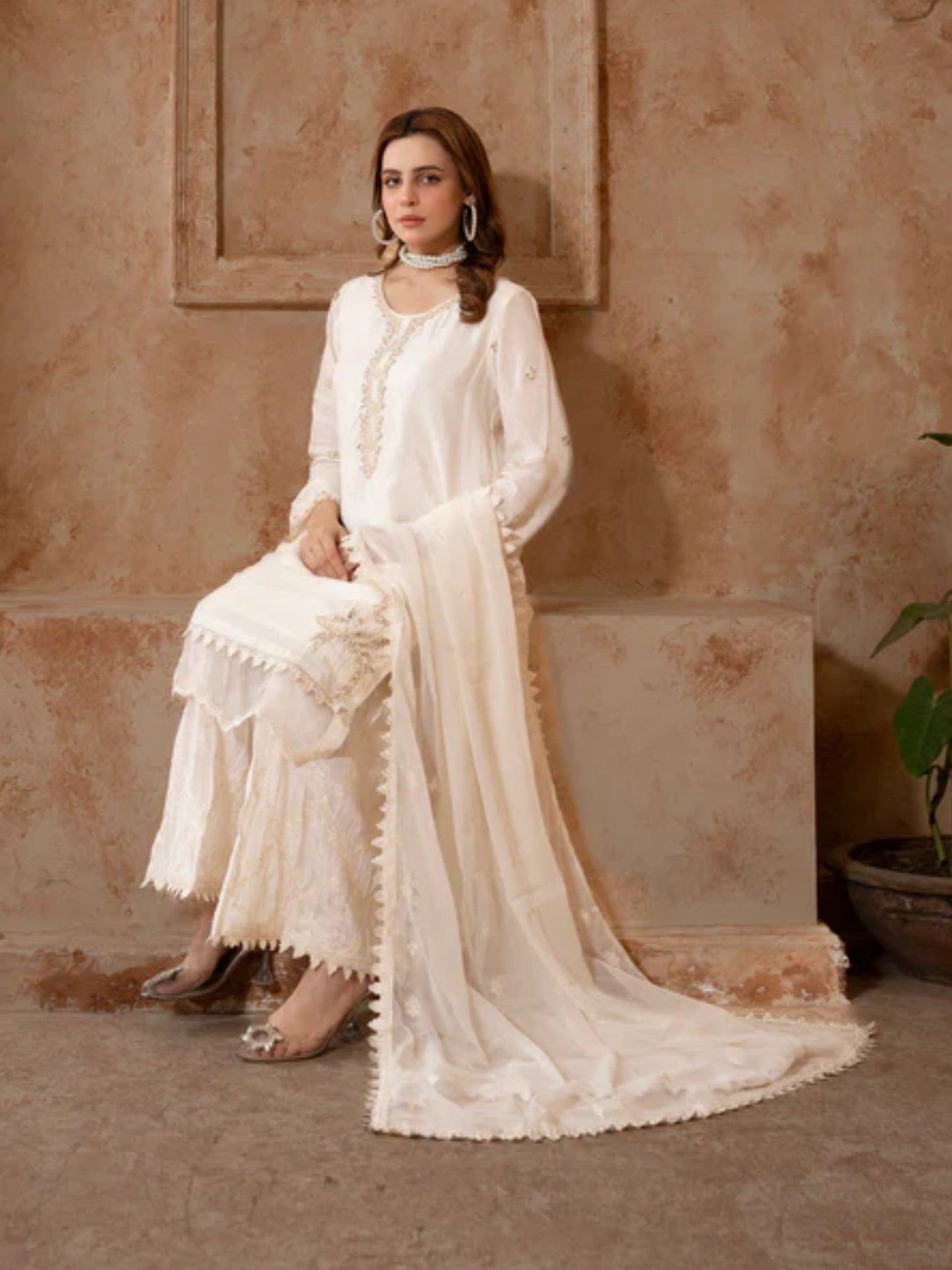 Cream Manahil Arts Raw Silk Embellished Stitched 3-Piece Suit-186-Off White