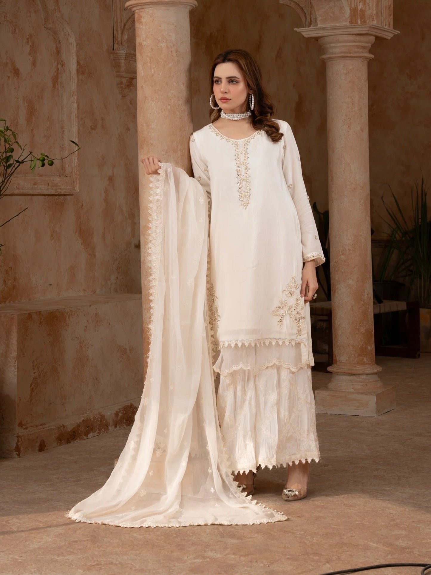 Cream Manahil Arts Raw Silk Embellished Stitched 3-Piece Suit-186-Off White