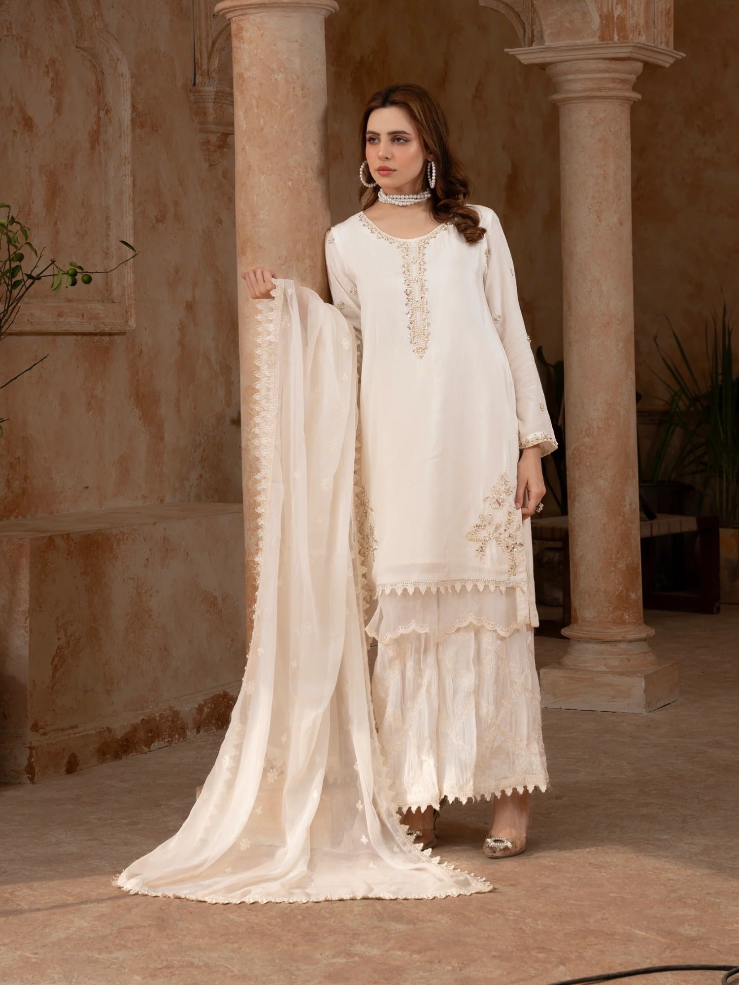 Cream Manahil Arts Raw Silk Embellished Stitched 3-Piece Suit-186-Off White