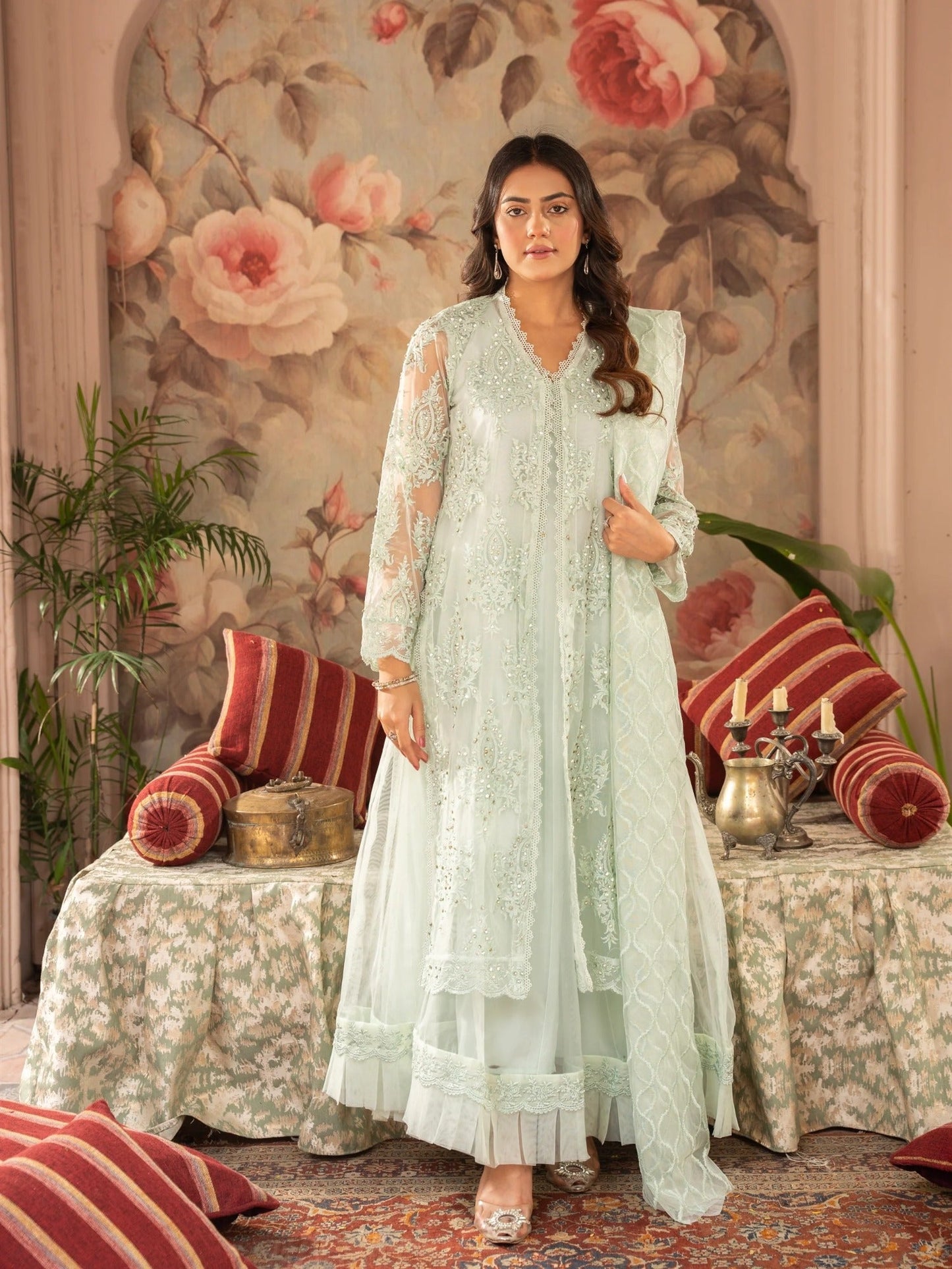 Manahil Arts Net Embellished Stitched 4-Piece Suit-K-148-Mint Green 