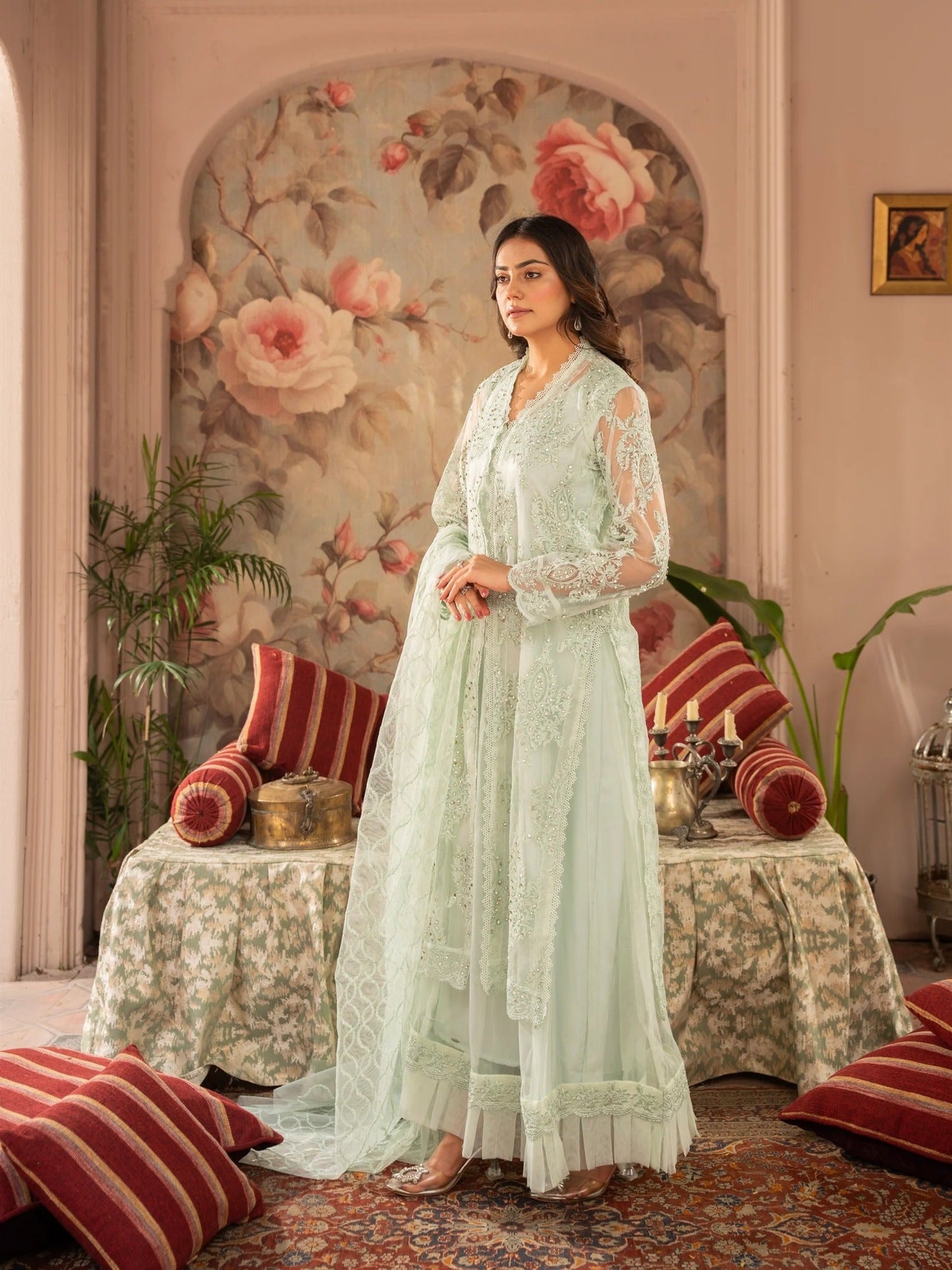 Manahil Arts Net Embellished Stitched 4-Piece Suit-K-148-Mint Green 