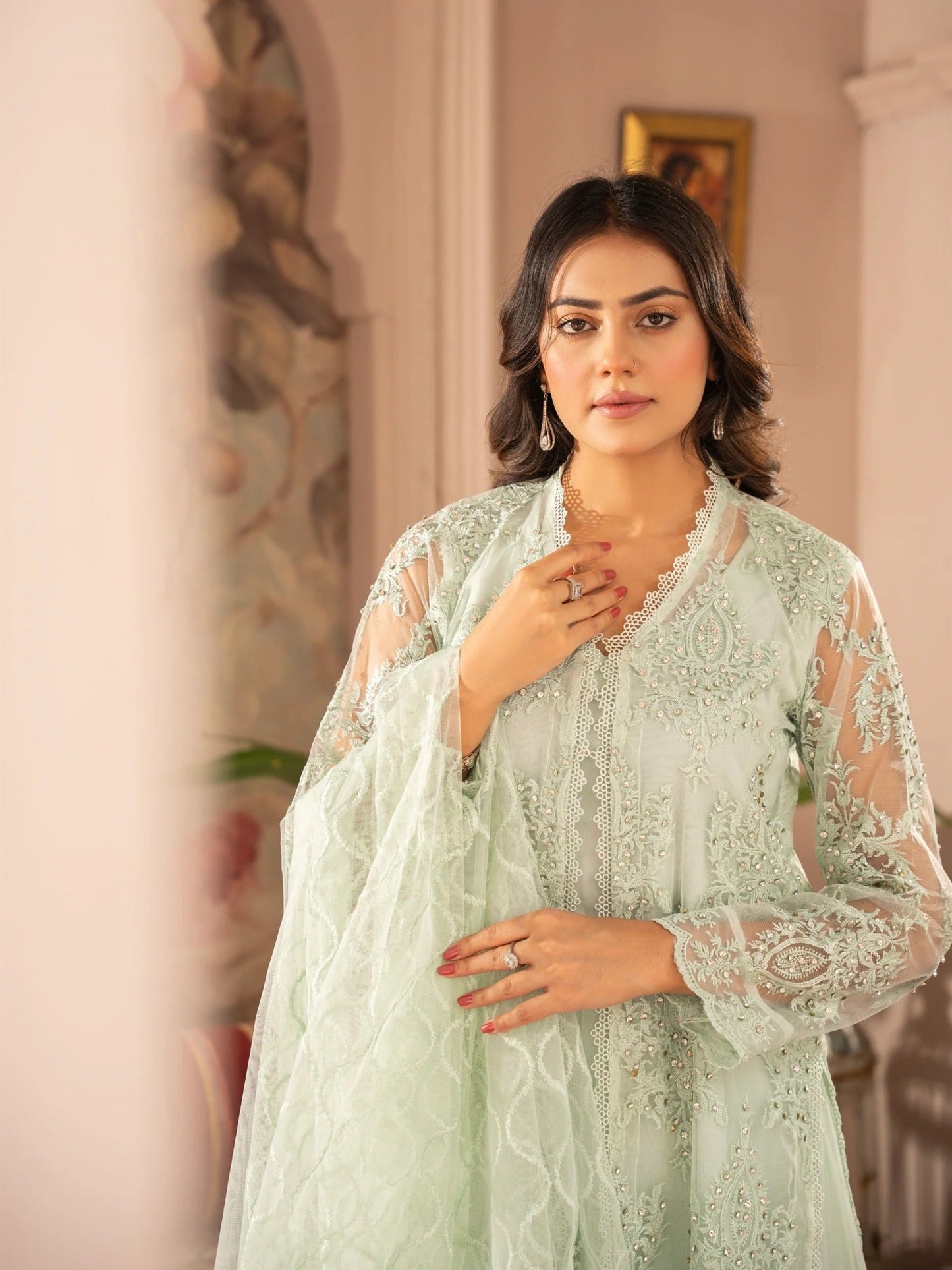 Manahil Arts Net Embellished Stitched 4-Piece Suit-K-148-Mint Green 