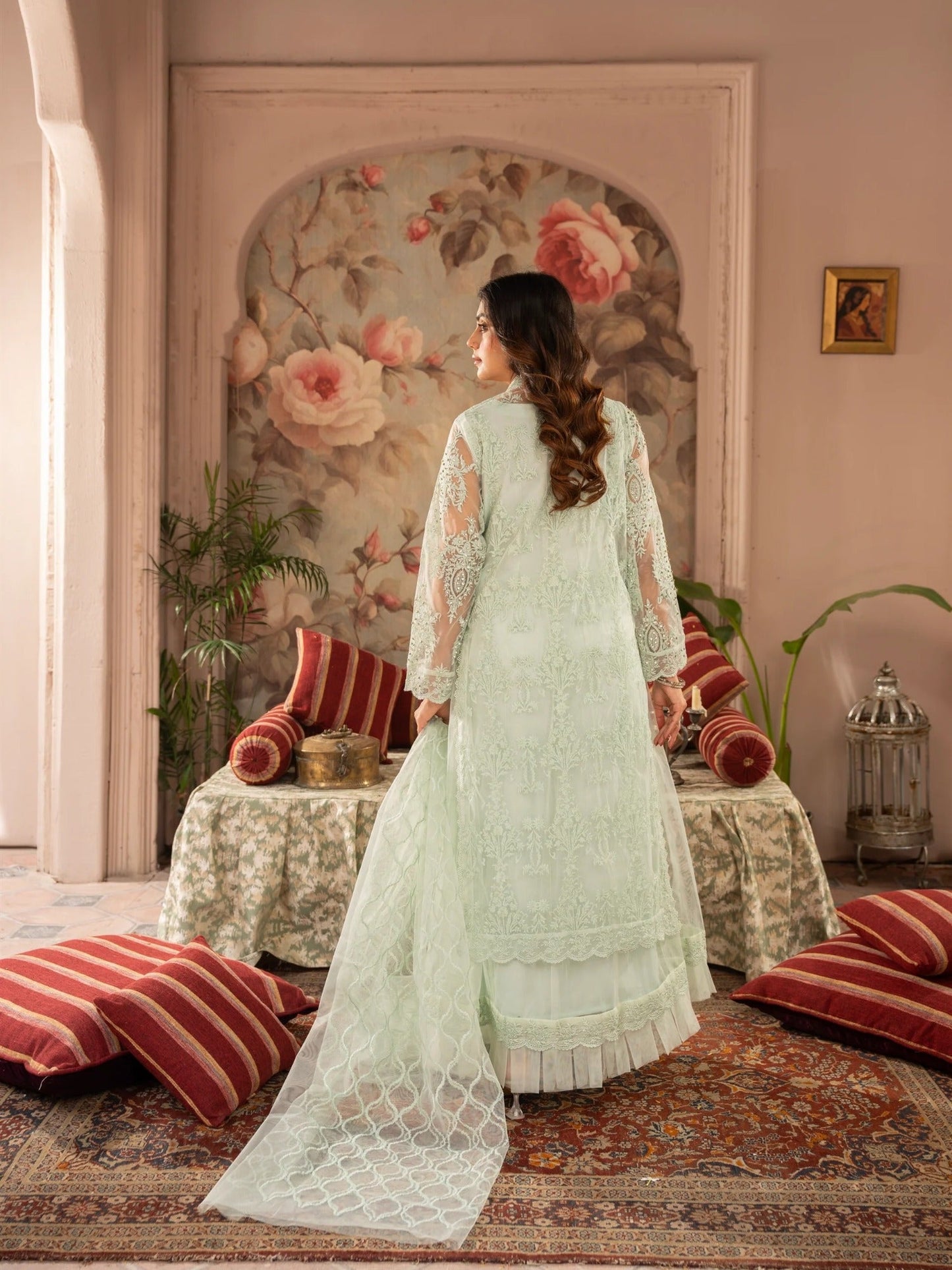 Manahil Arts Net Embellished Stitched 4-Piece Suit-K-148-Mint Green 