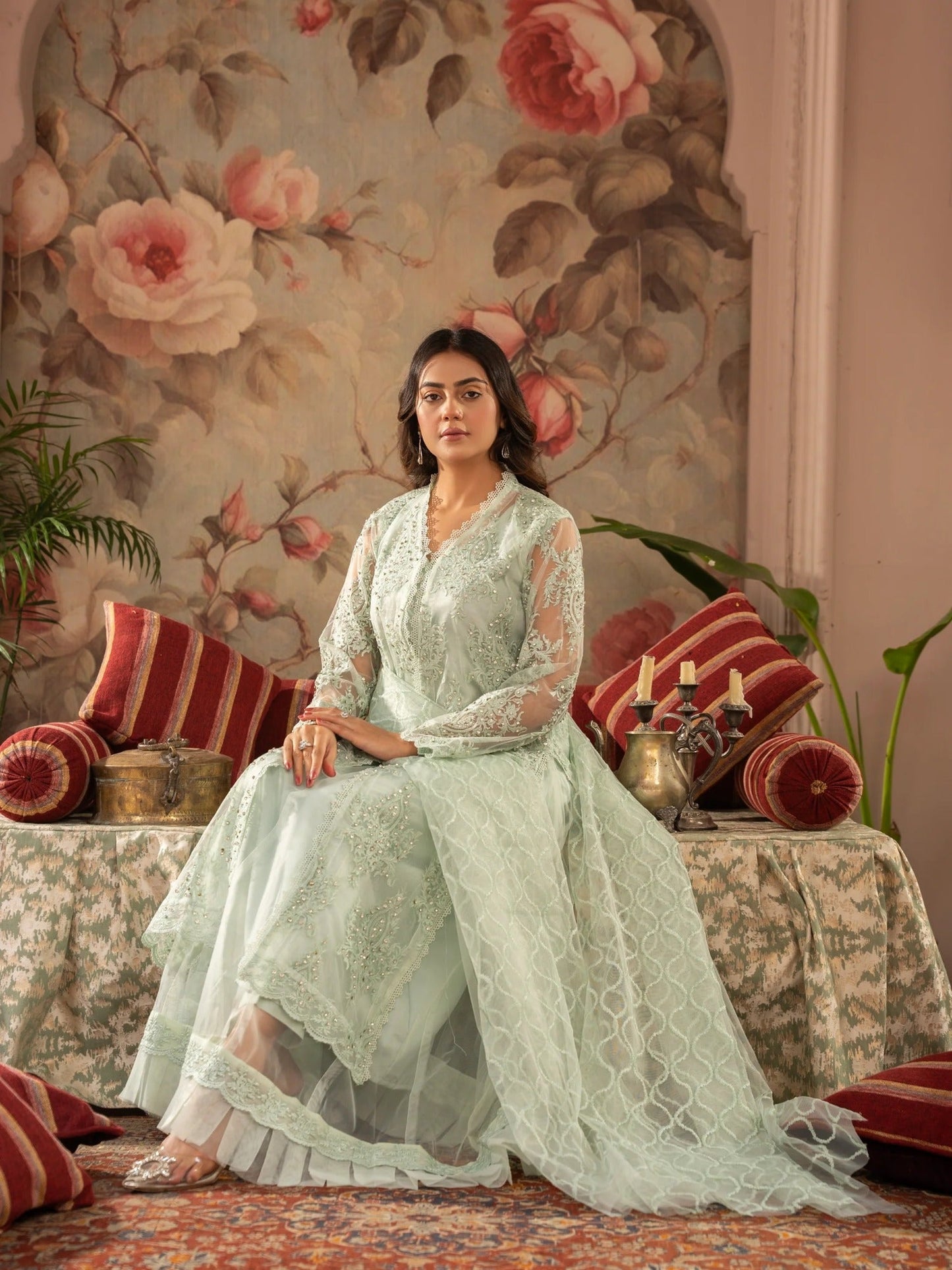 Manahil Arts Net Embellished Stitched 4-Piece Suit-K-148-Mint Green 