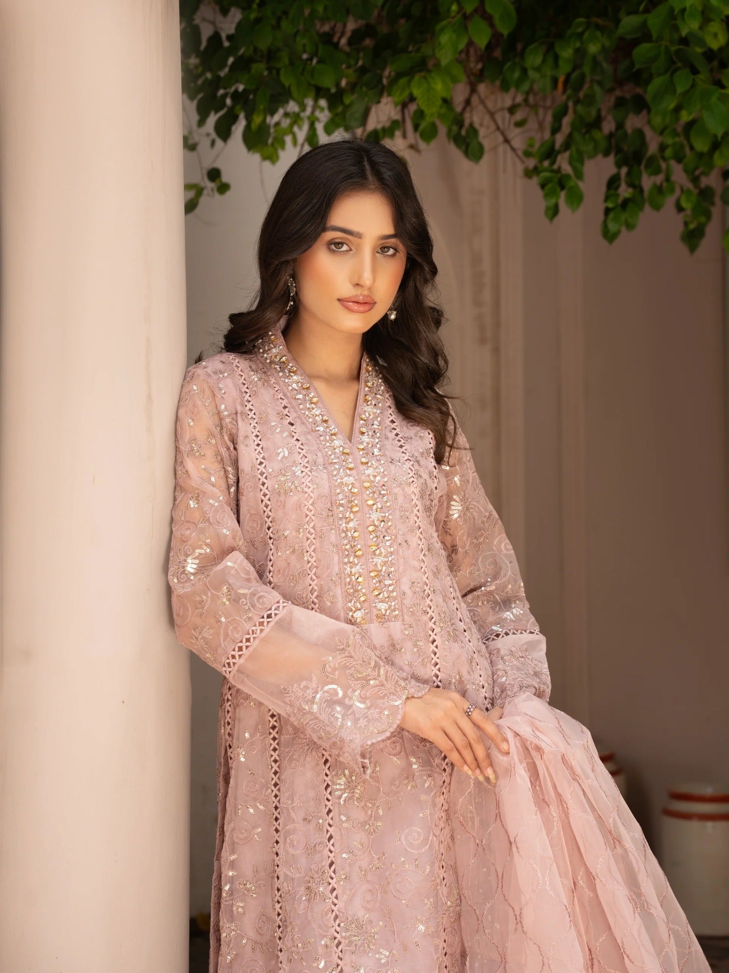 Lilac Manahil Arts Organza Embellished Stitched 3-Piece Suit-K-151-Lilac