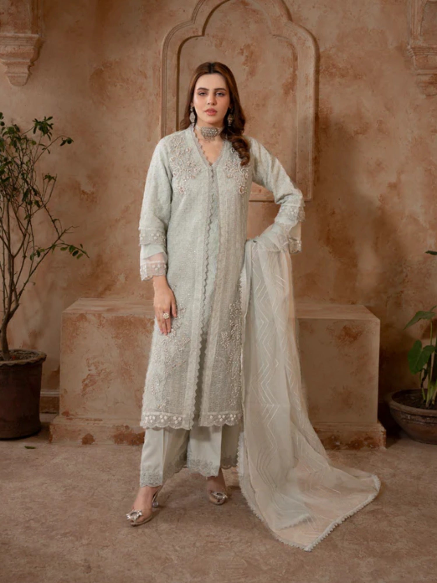 Blue Manahil Arts Organza Embellished Stitched 4-Piece Suit-181-Aqua